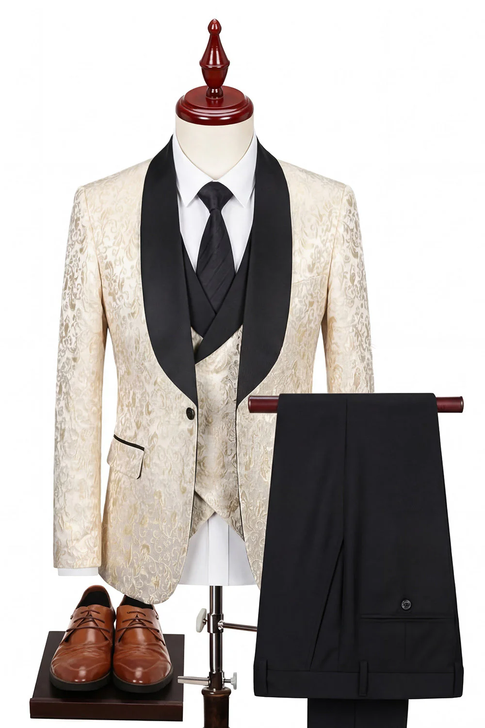 Black Shawl Lapel One Button 3 Piece Jacquard Men's Suits - Image 6