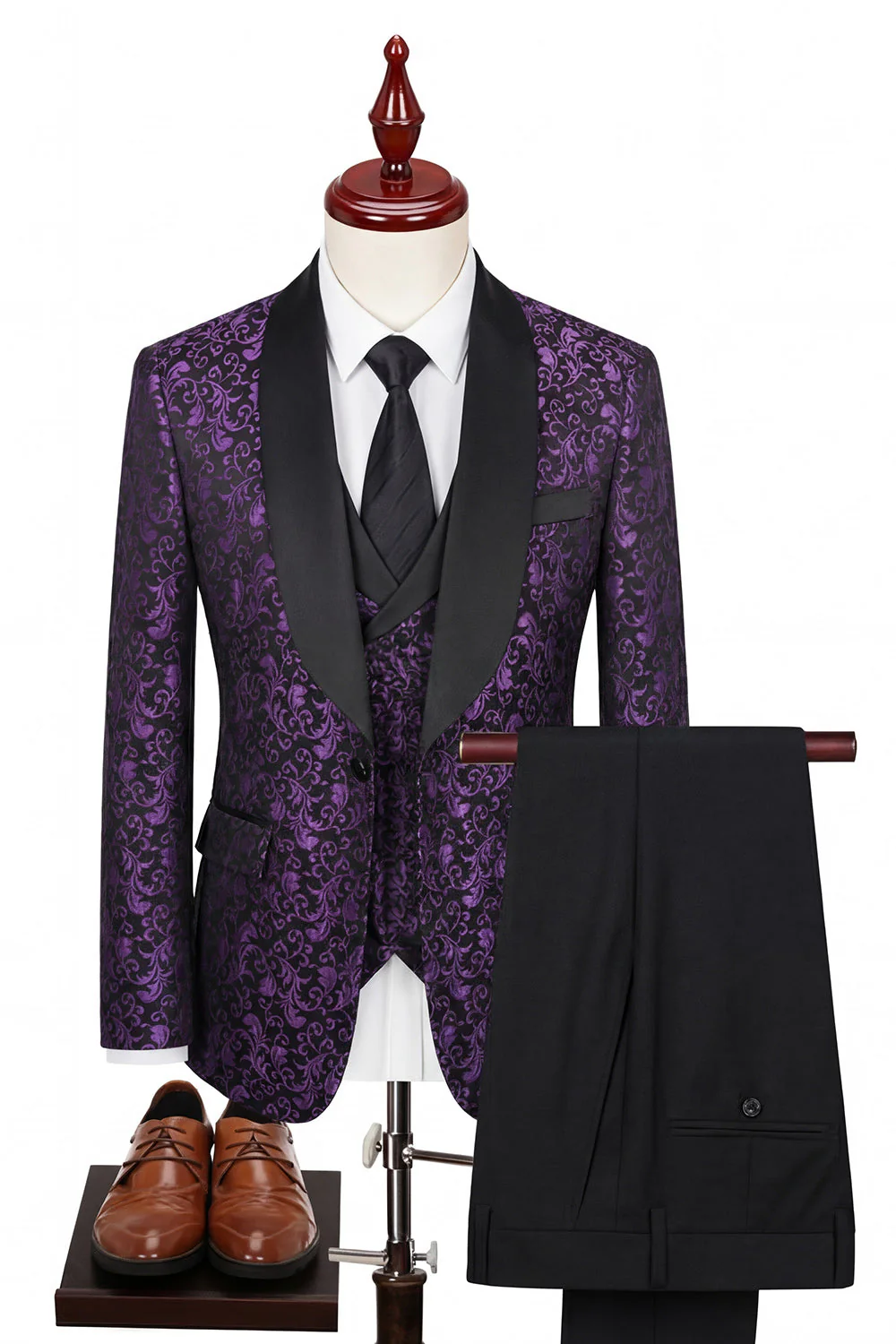 Black Shawl Lapel One Button 3 Piece Jacquard Men's Suits - Image 7