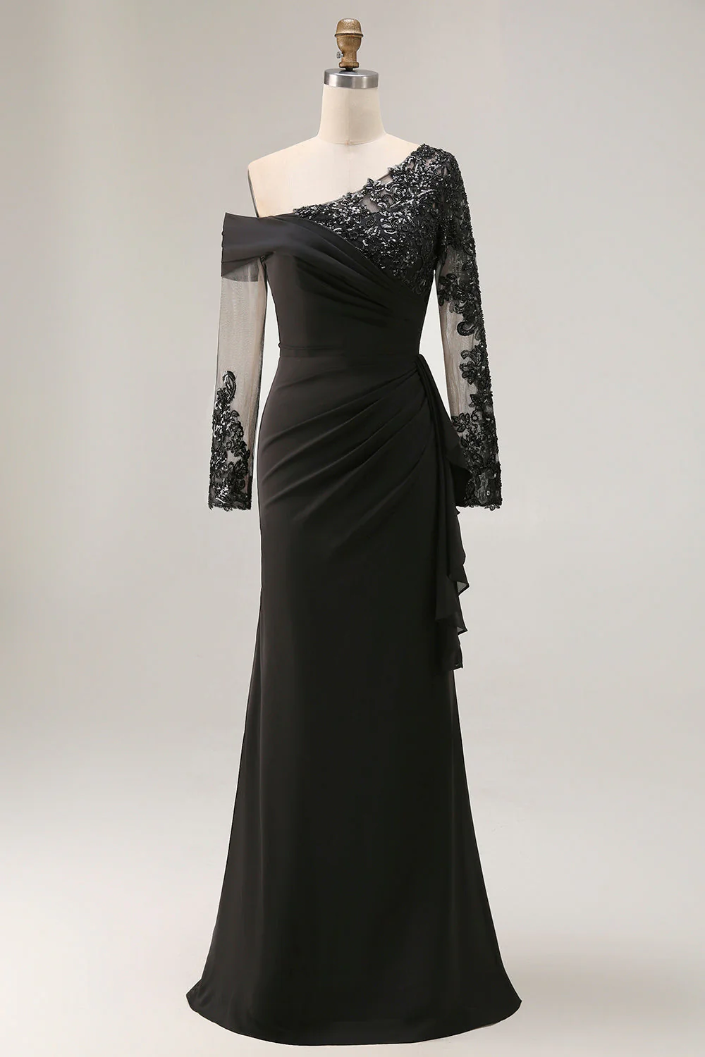 Black Sheath Asymmetrical Long Mother of the Bride Dress with Lace Appliques - Image 3