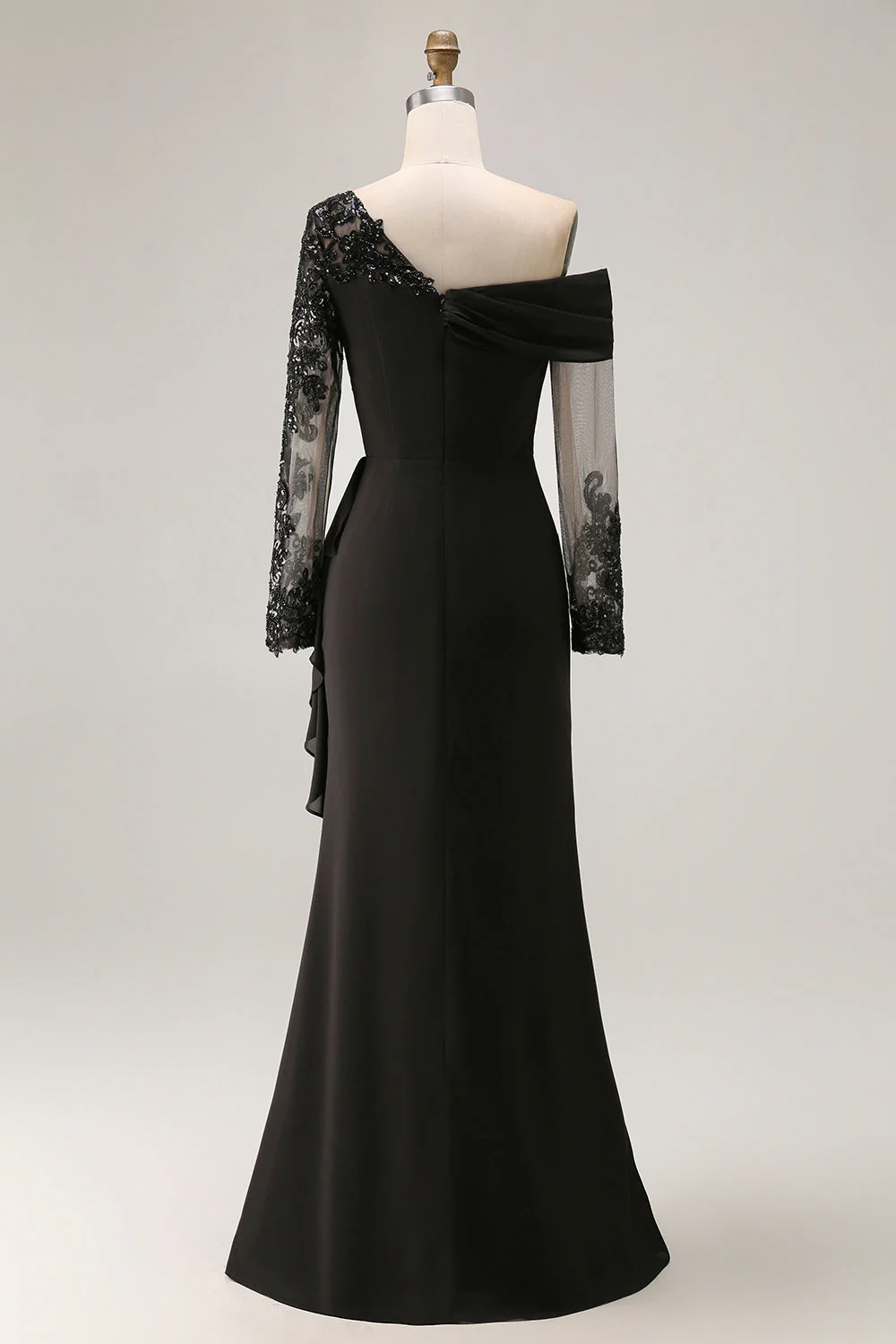 Black Sheath Asymmetrical Long Mother of the Bride Dress with Lace Appliques - Image 4