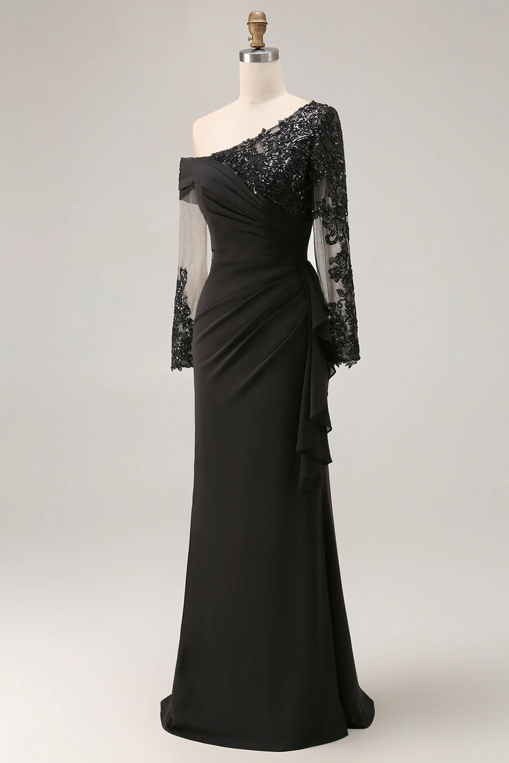 Black Sheath Asymmetrical Long Mother of the Bride Dress with Lace Appliques - Image 5