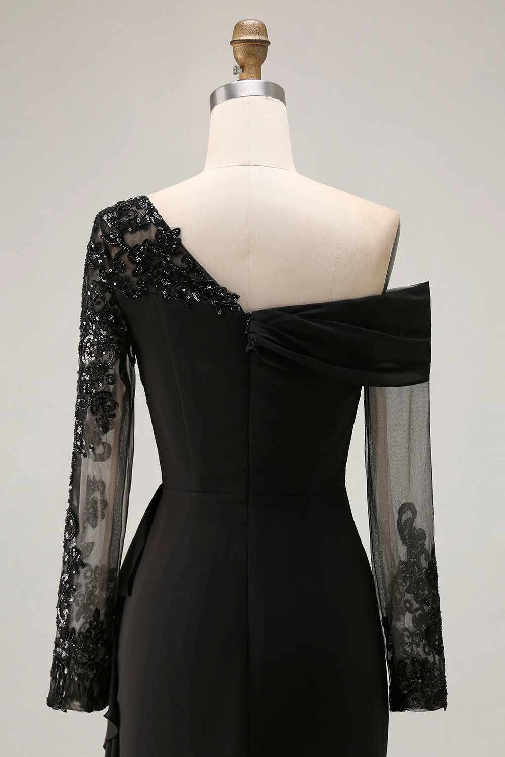Black Sheath Asymmetrical Long Mother of the Bride Dress with Lace Appliques - Image 7