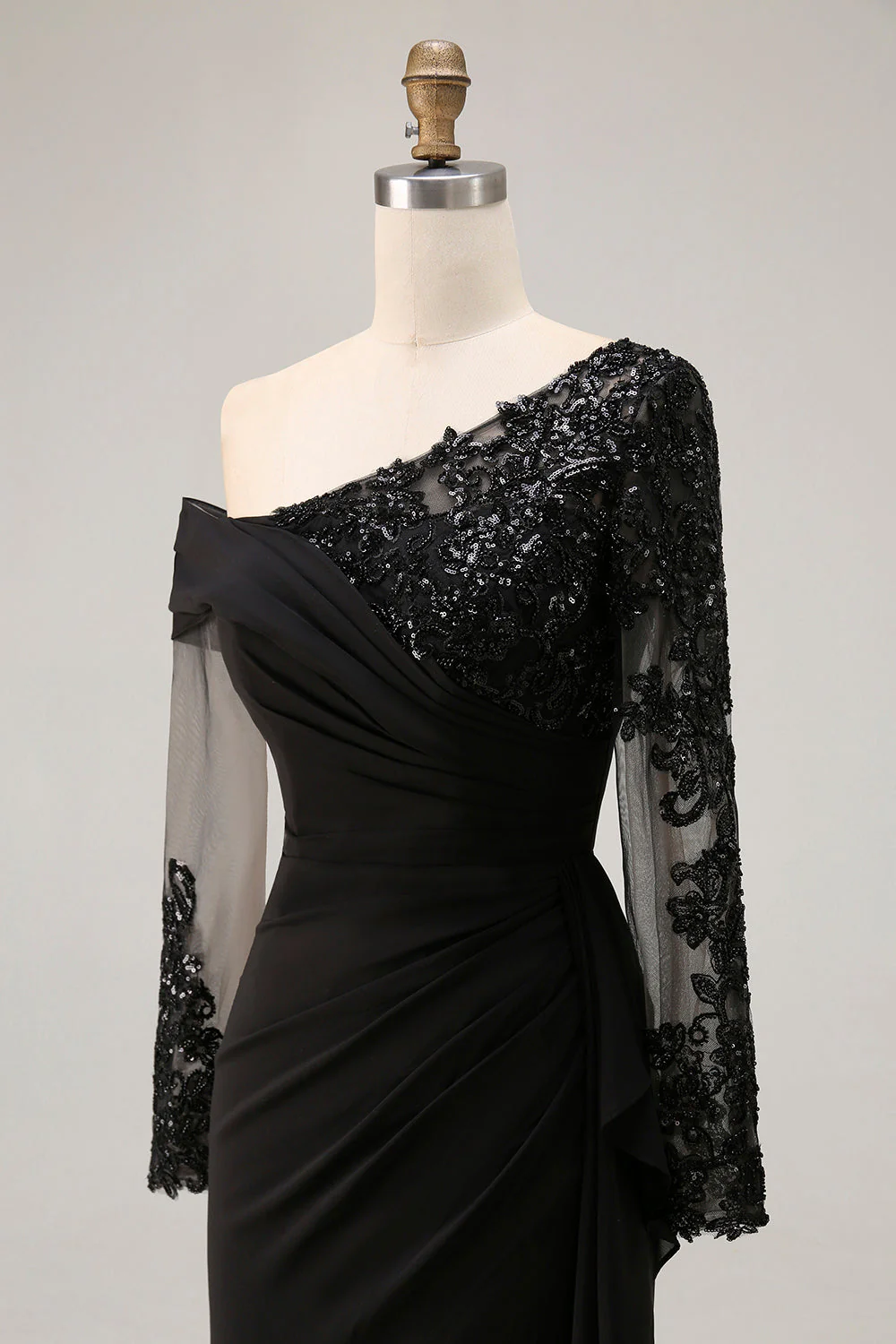 Black Sheath Asymmetrical Long Mother of the Bride Dress with Lace Appliques - Image 8