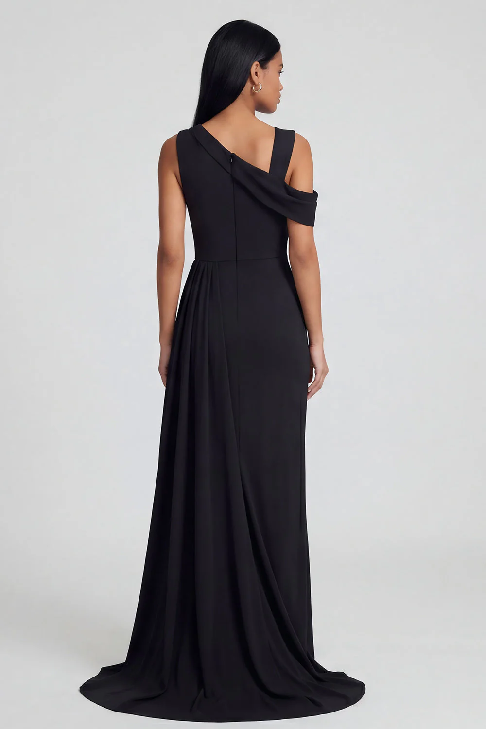 Black Sheath Asymmetrical Neck Long Evening Dress with Slit - Image 2