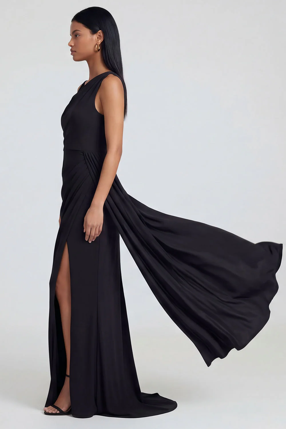 Black Sheath Asymmetrical Neck Long Evening Dress with Slit - Image 3