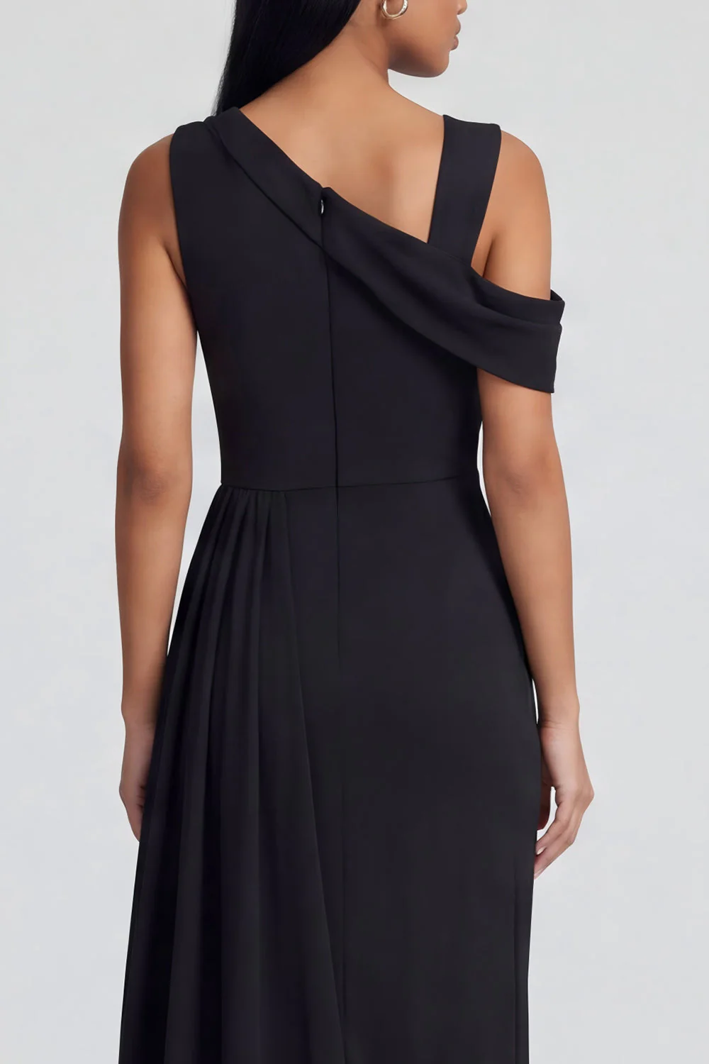 Black Sheath Asymmetrical Neck Long Evening Dress with Slit - Image 5