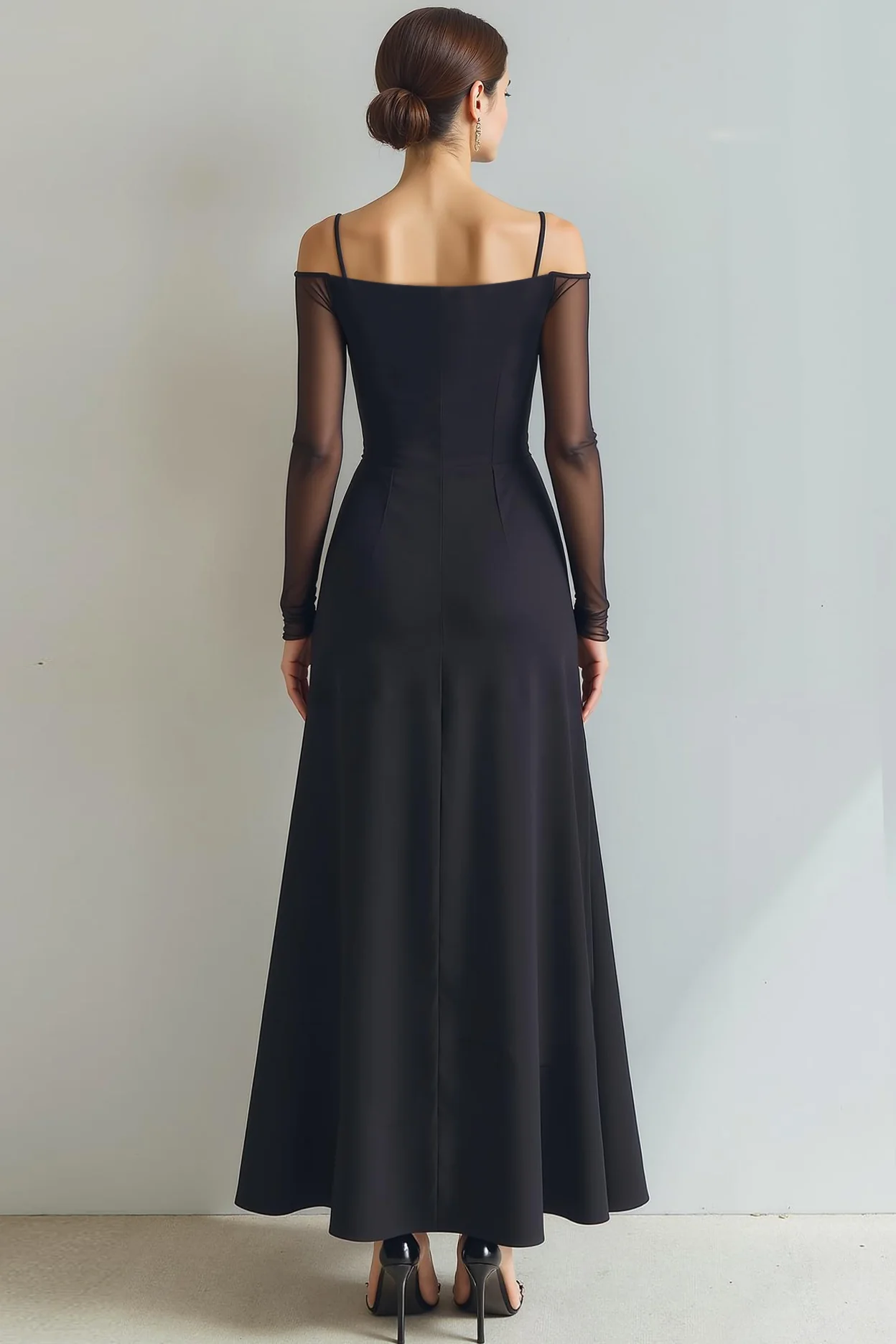 Black A Line Cold Shoulder Long Formal Dress with Sleeves - Image 2
