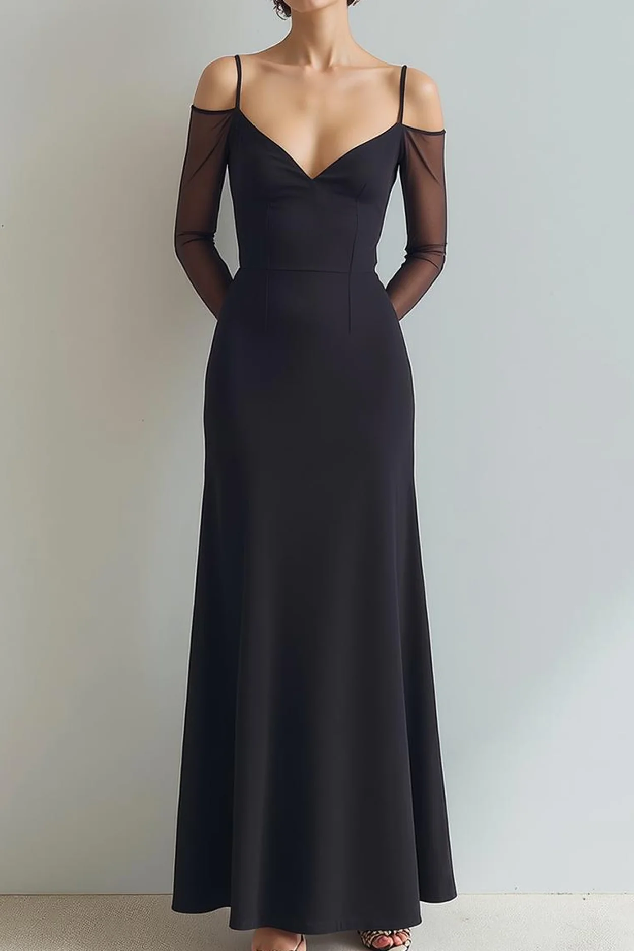 Black A Line Cold Shoulder Long Formal Dress with Sleeves - Image 3