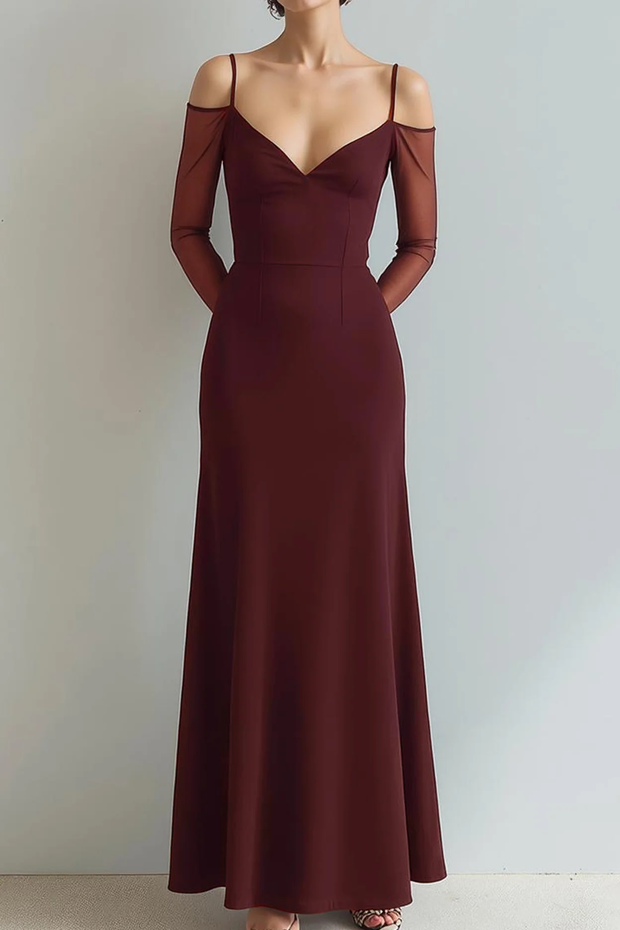 Black A Line Cold Shoulder Long Formal Dress with Sleeves - Image 4