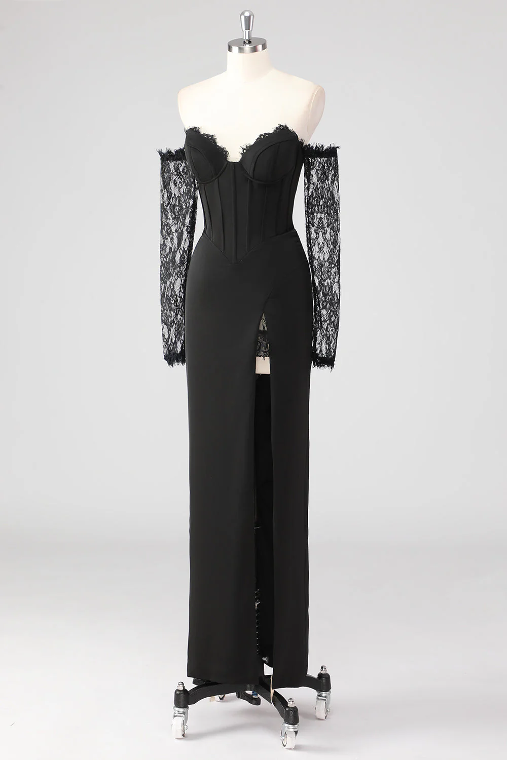 Black Sheath Corset Cold Shoulder Lace Formal Dress With Long Sleeves - Image 3