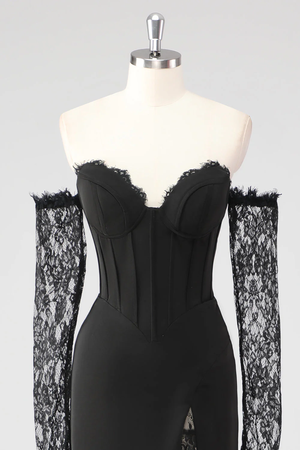 Black Sheath Corset Cold Shoulder Lace Formal Dress With Long Sleeves - Image 4