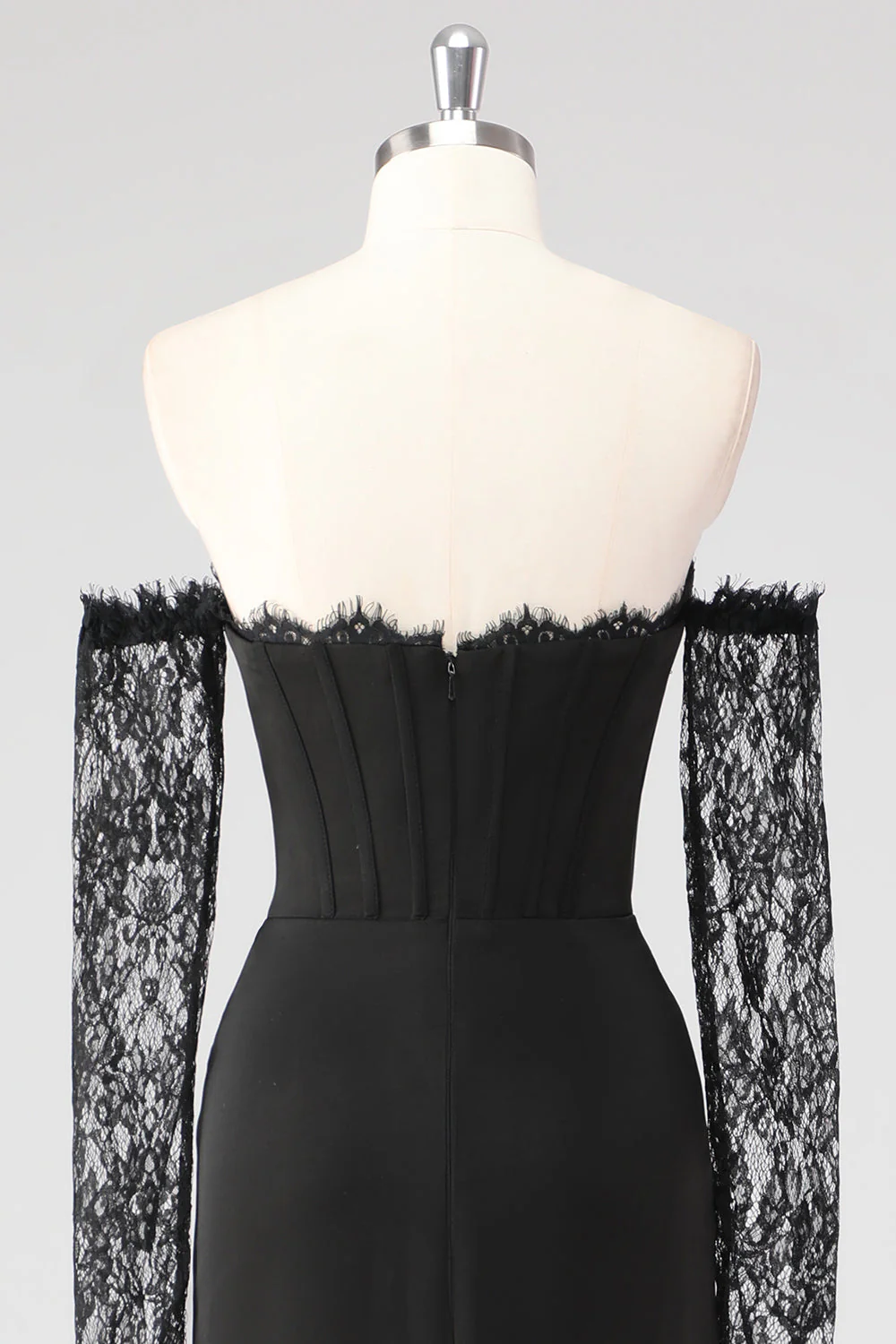 Black Sheath Corset Cold Shoulder Lace Formal Dress With Long Sleeves - Image 5