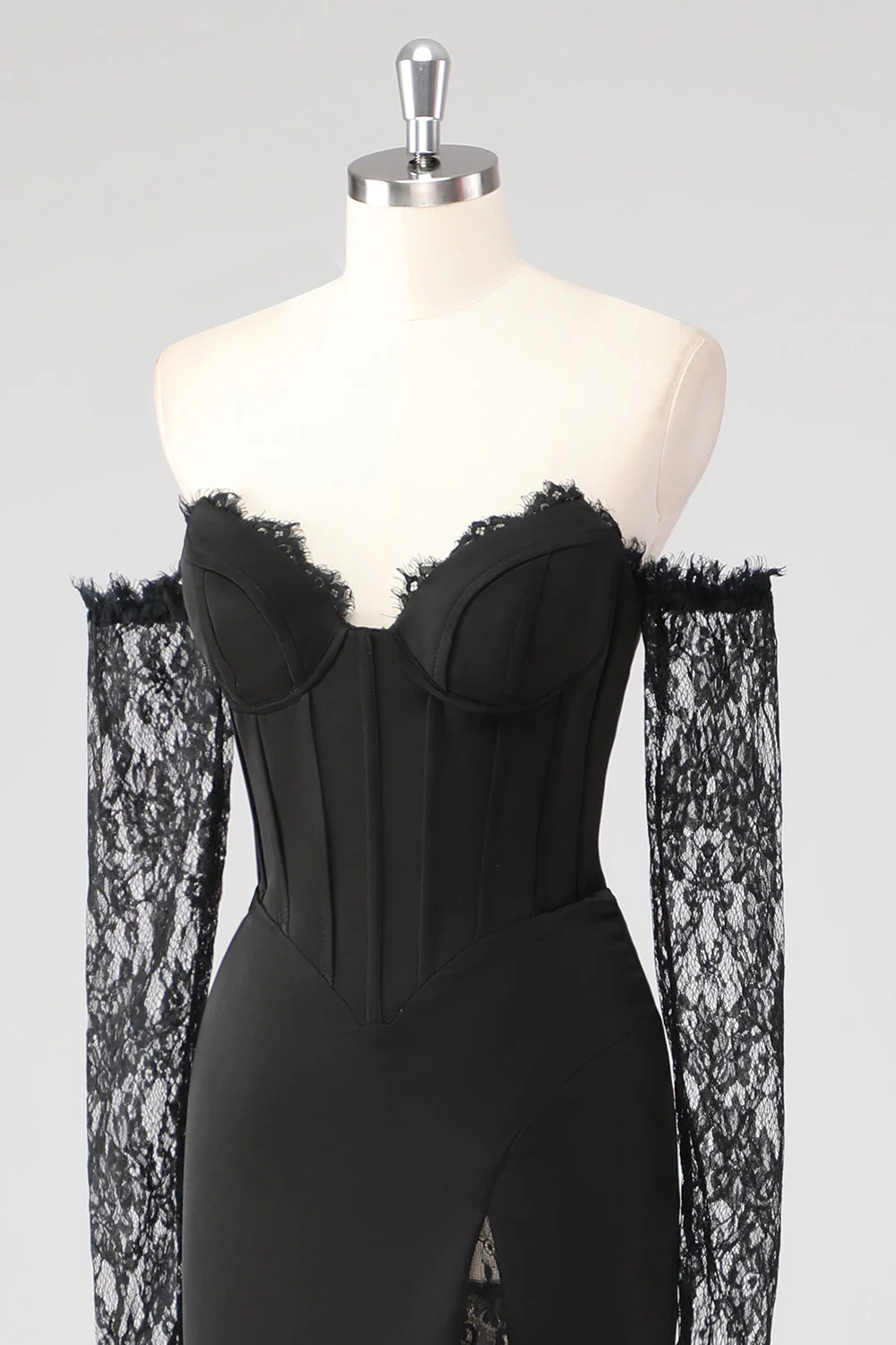 Black Sheath Corset Cold Shoulder Lace Formal Dress With Long Sleeves - Image 6