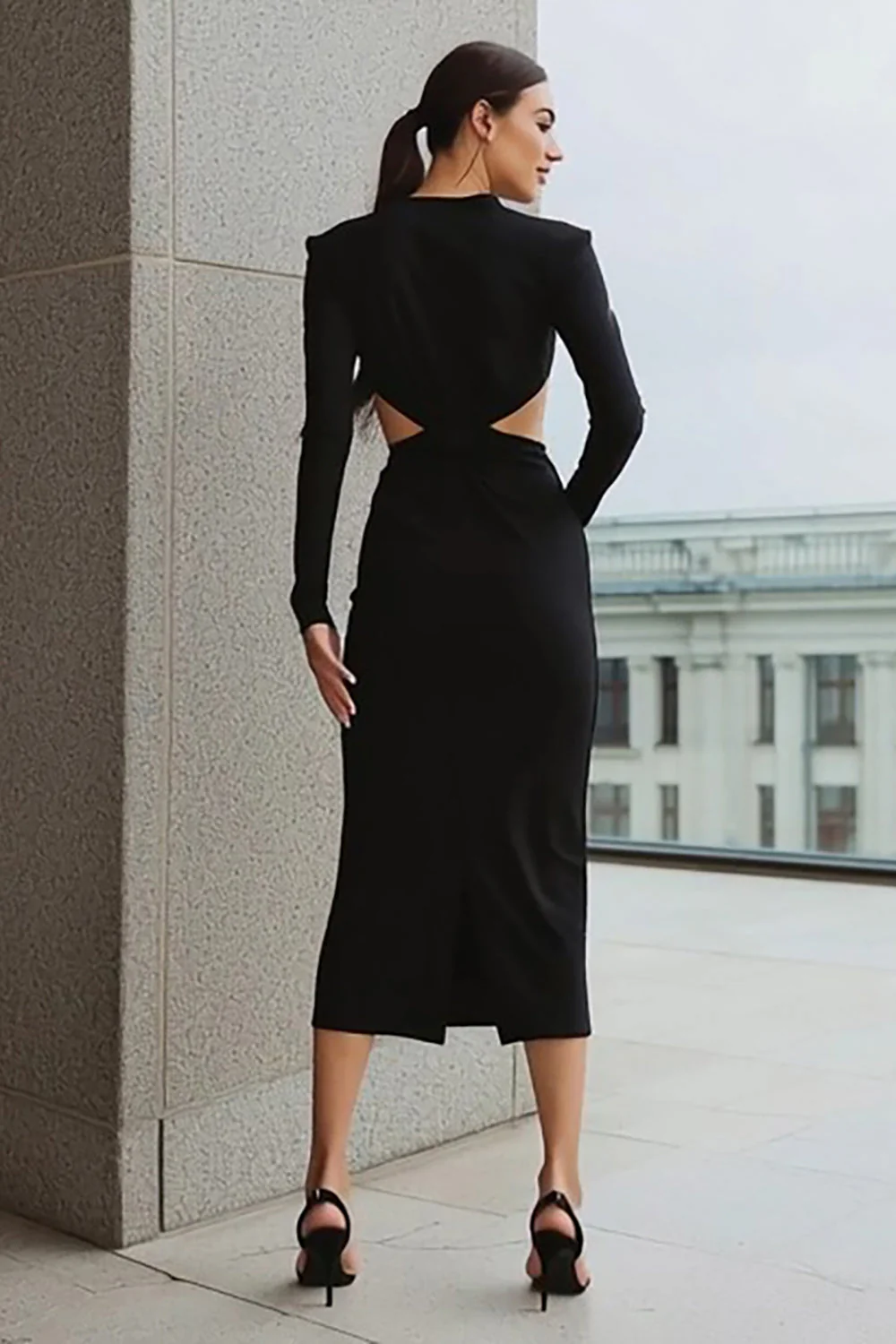 Black Sheath Cut Out Long Sleeves Work Dress - Image 2