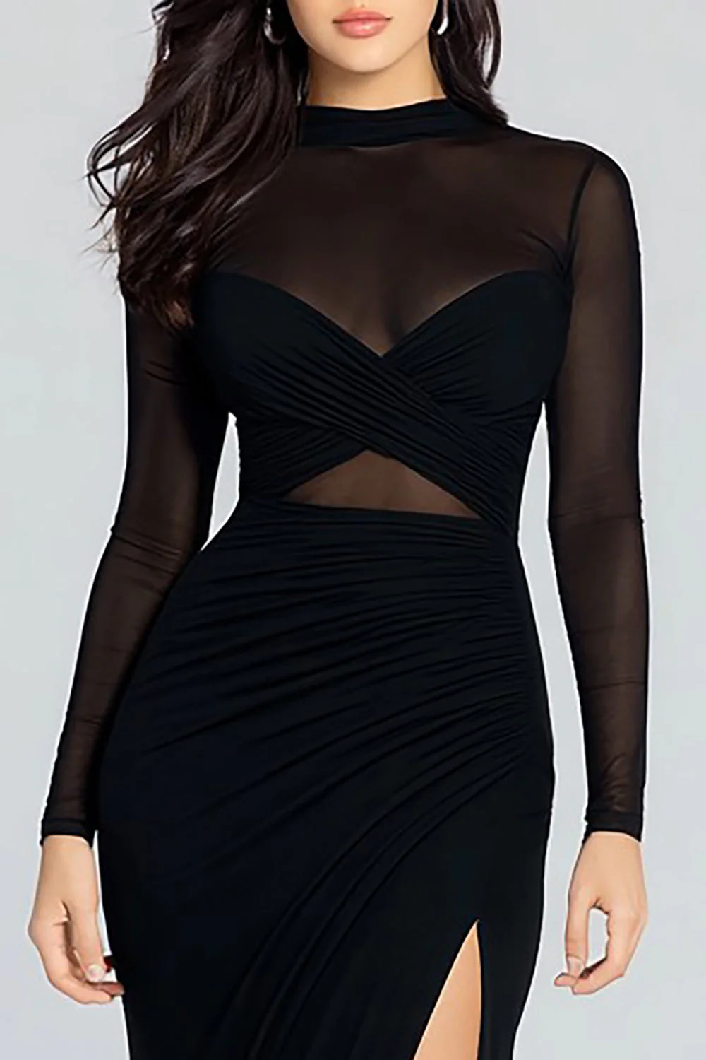 Sheath High Neck Long Sleeve Black Tie Dress with Slit - Image 3