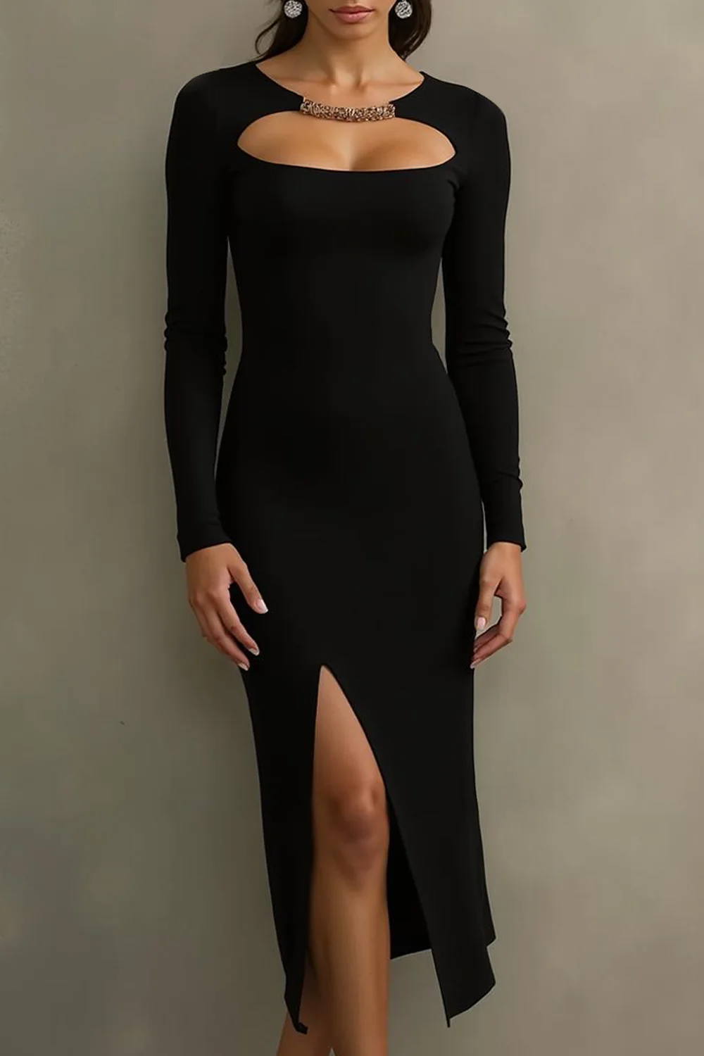 Black Sheath Midi Formal Dress with Long Sleeves - Image 2