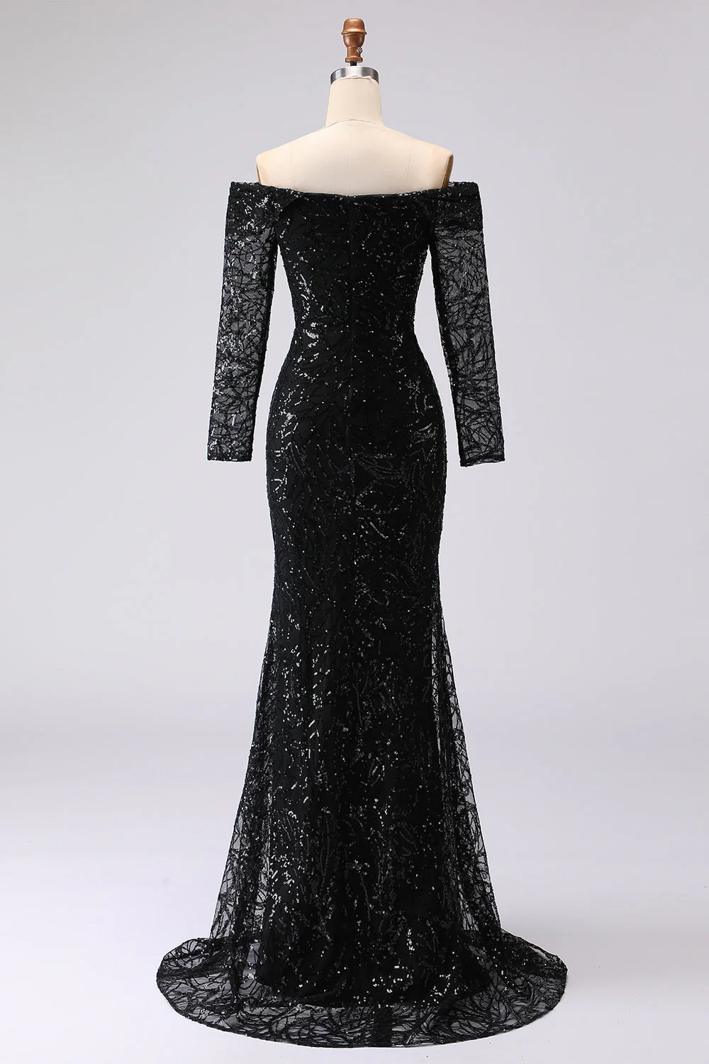 Black Sheath Off The Shoulder Mesh And Lace Evening Dress with Long Sleeve - Image 2