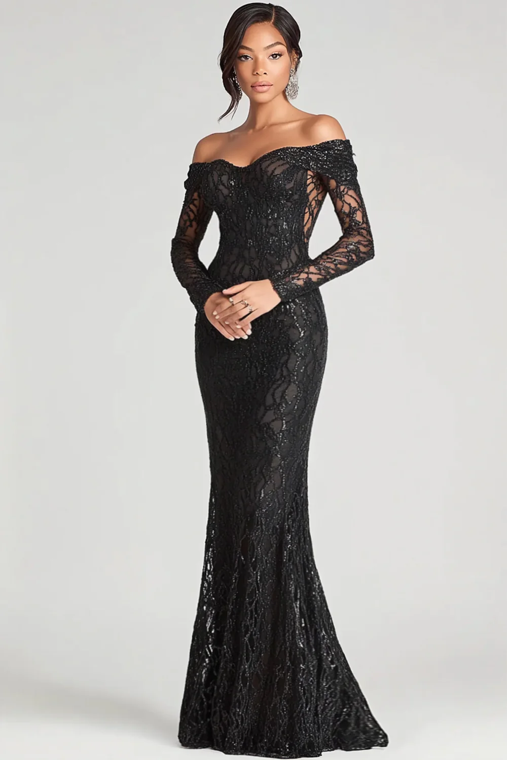 Black Sheath Off The Shoulder Mesh And Lace Evening Dress with Long Sleeve - Image 3