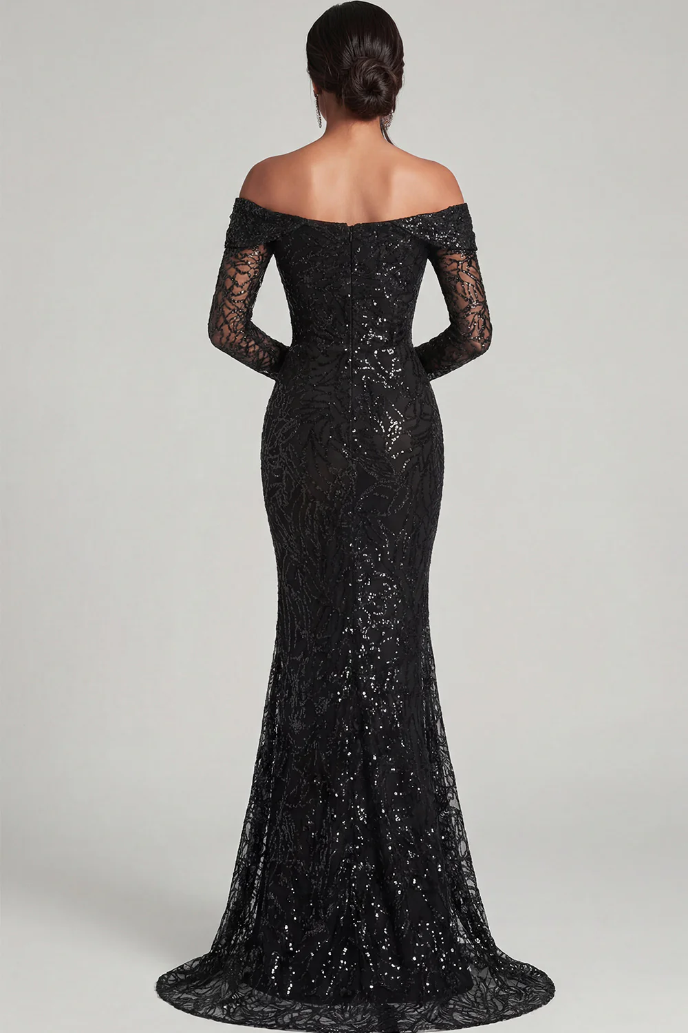 Black Sheath Off The Shoulder Mesh And Lace Evening Dress with Long Sleeve - Image 4