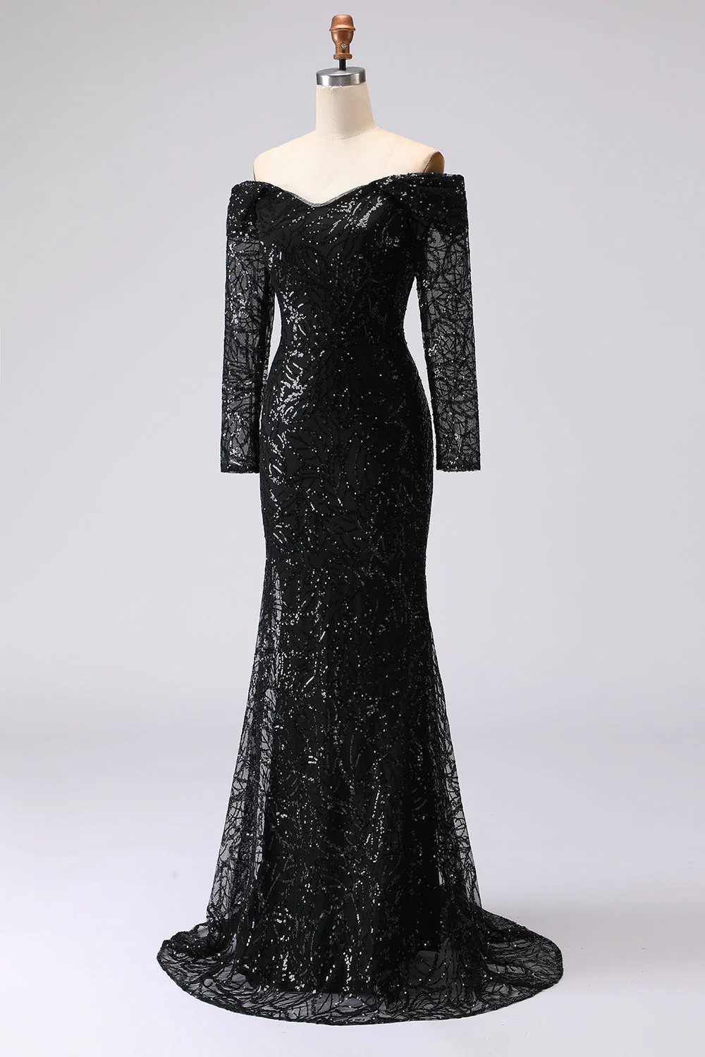 Black Sheath Off The Shoulder Mesh And Lace Evening Dress with Long Sleeve - Image 5