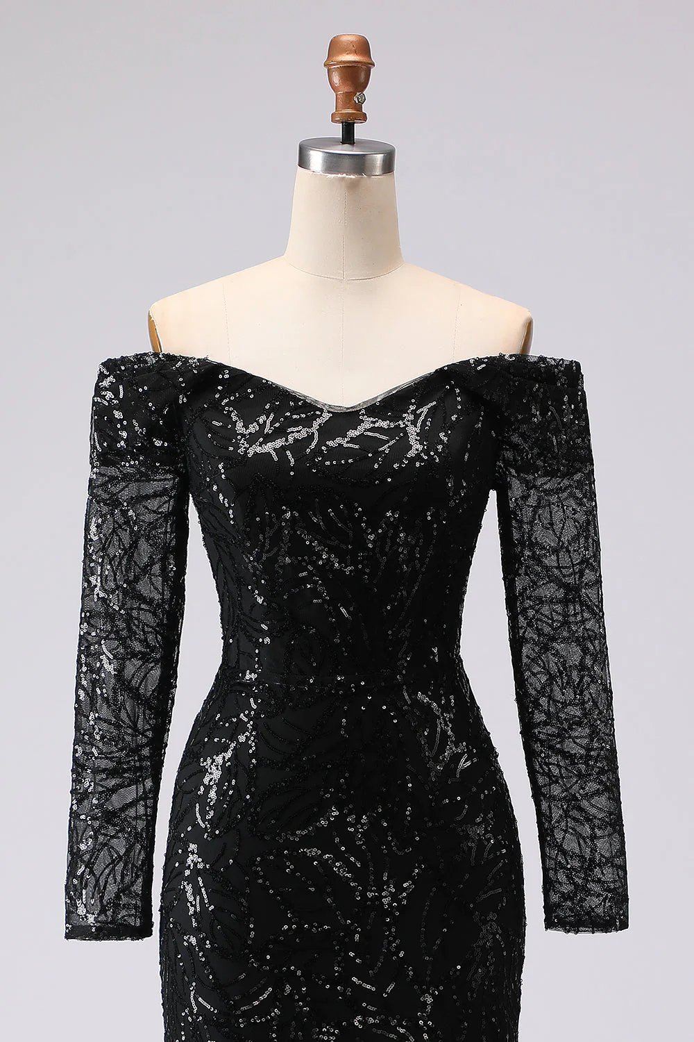Black Sheath Off The Shoulder Mesh And Lace Evening Dress with Long Sleeve - Image 6