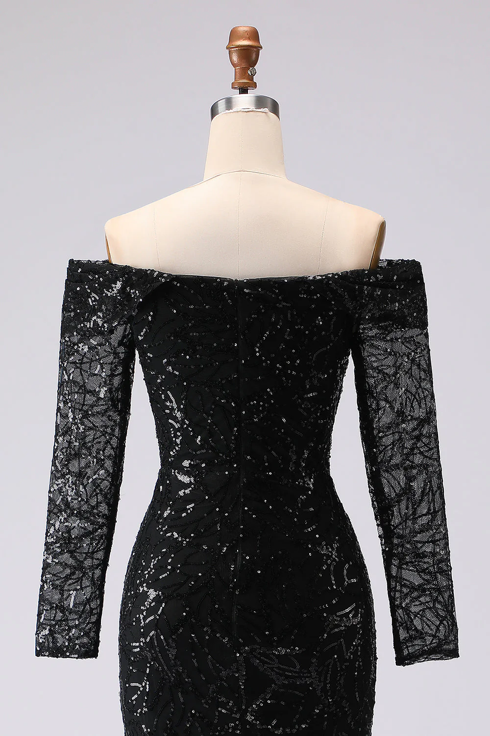 Black Sheath Off The Shoulder Mesh And Lace Evening Dress with Long Sleeve - Image 7