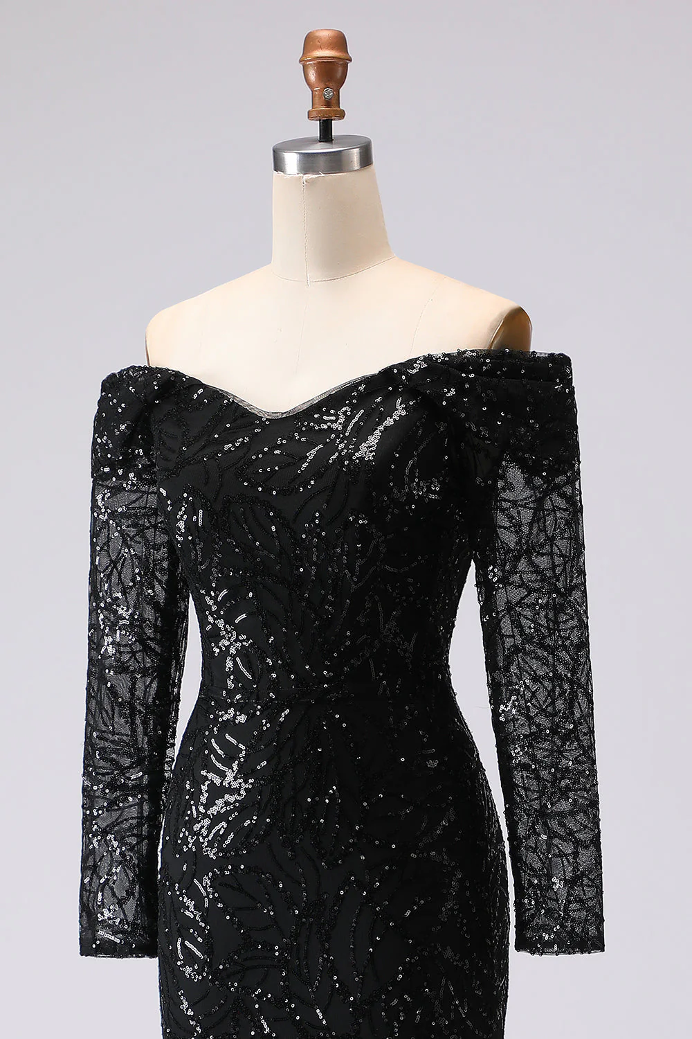 Black Sheath Off The Shoulder Mesh And Lace Evening Dress with Long Sleeve - Image 8