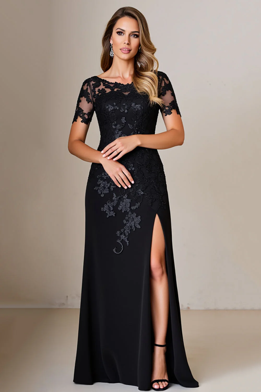Black Sheath Satin Appliqued Long Mother of the Bride Dress with Sleeves - Image 3