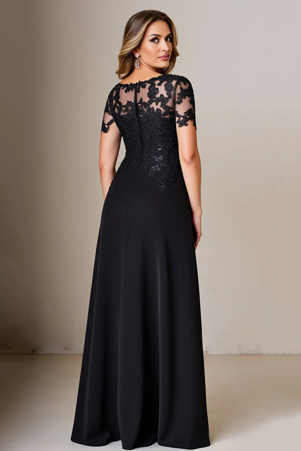 Black Sheath Satin Appliqued Long Mother of the Bride Dress with Sleeves - Image 4