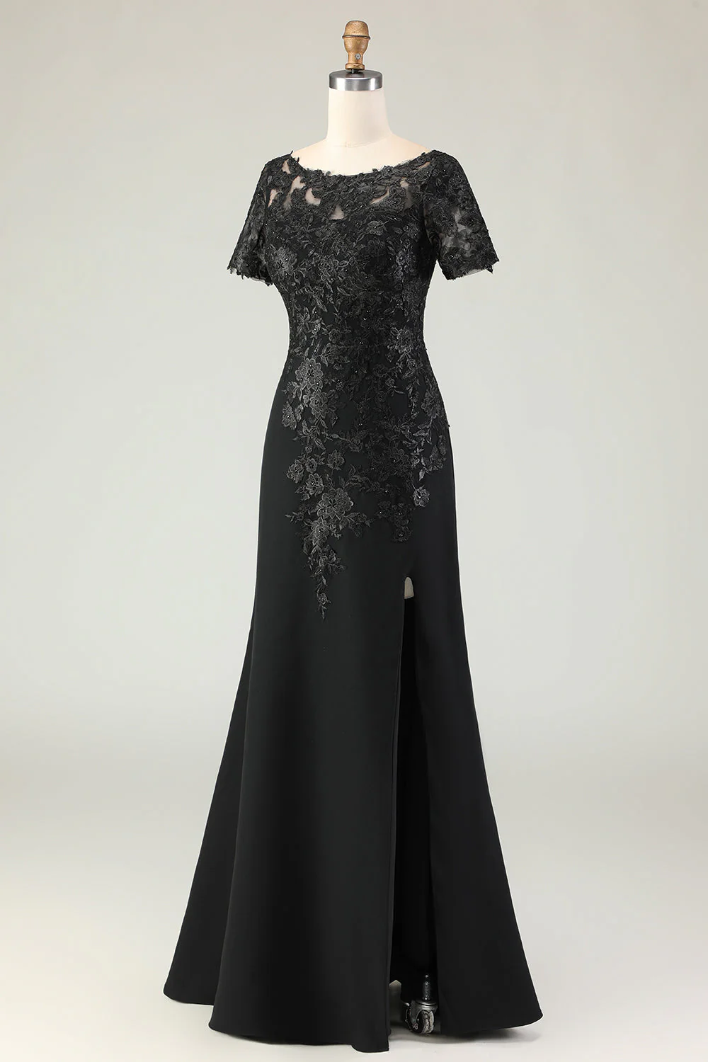 Black Sheath Satin Appliqued Long Mother of the Bride Dress with Sleeves - Image 5