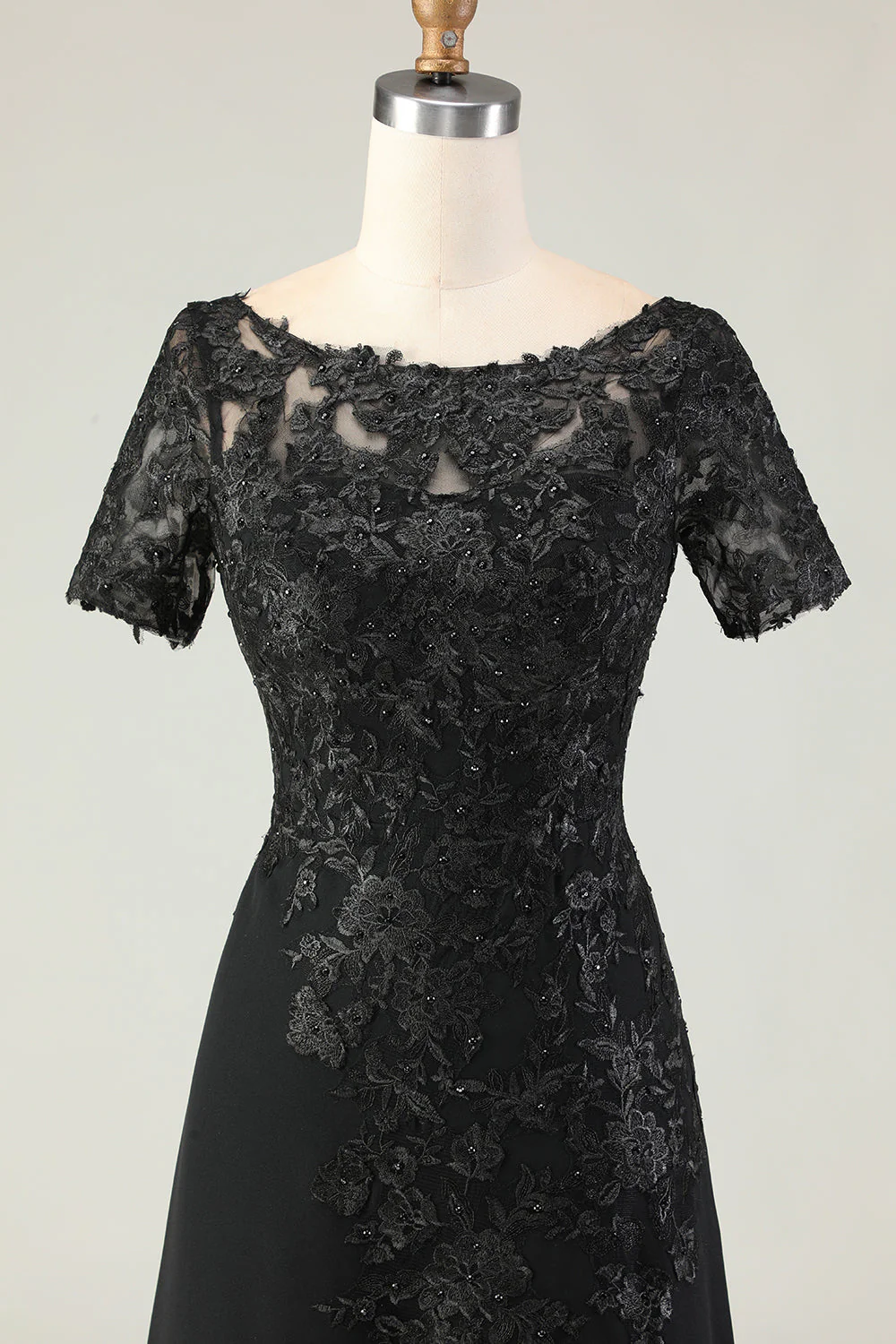 Black Sheath Satin Appliqued Long Mother of the Bride Dress with Sleeves - Image 6