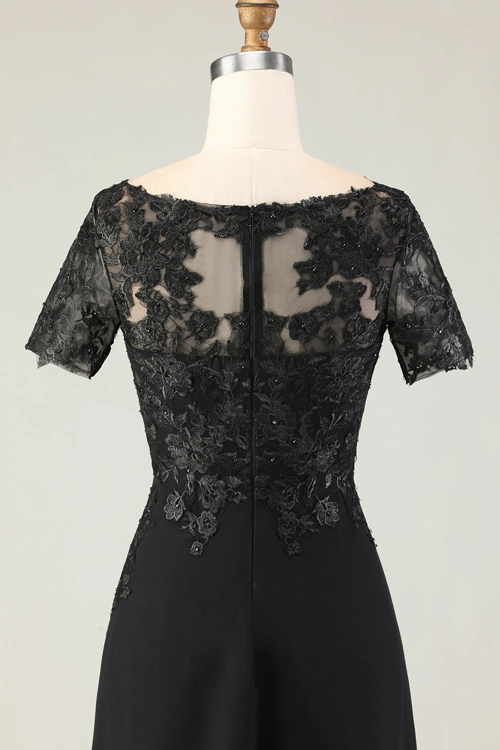 Black Sheath Satin Appliqued Long Mother of the Bride Dress with Sleeves - Image 7