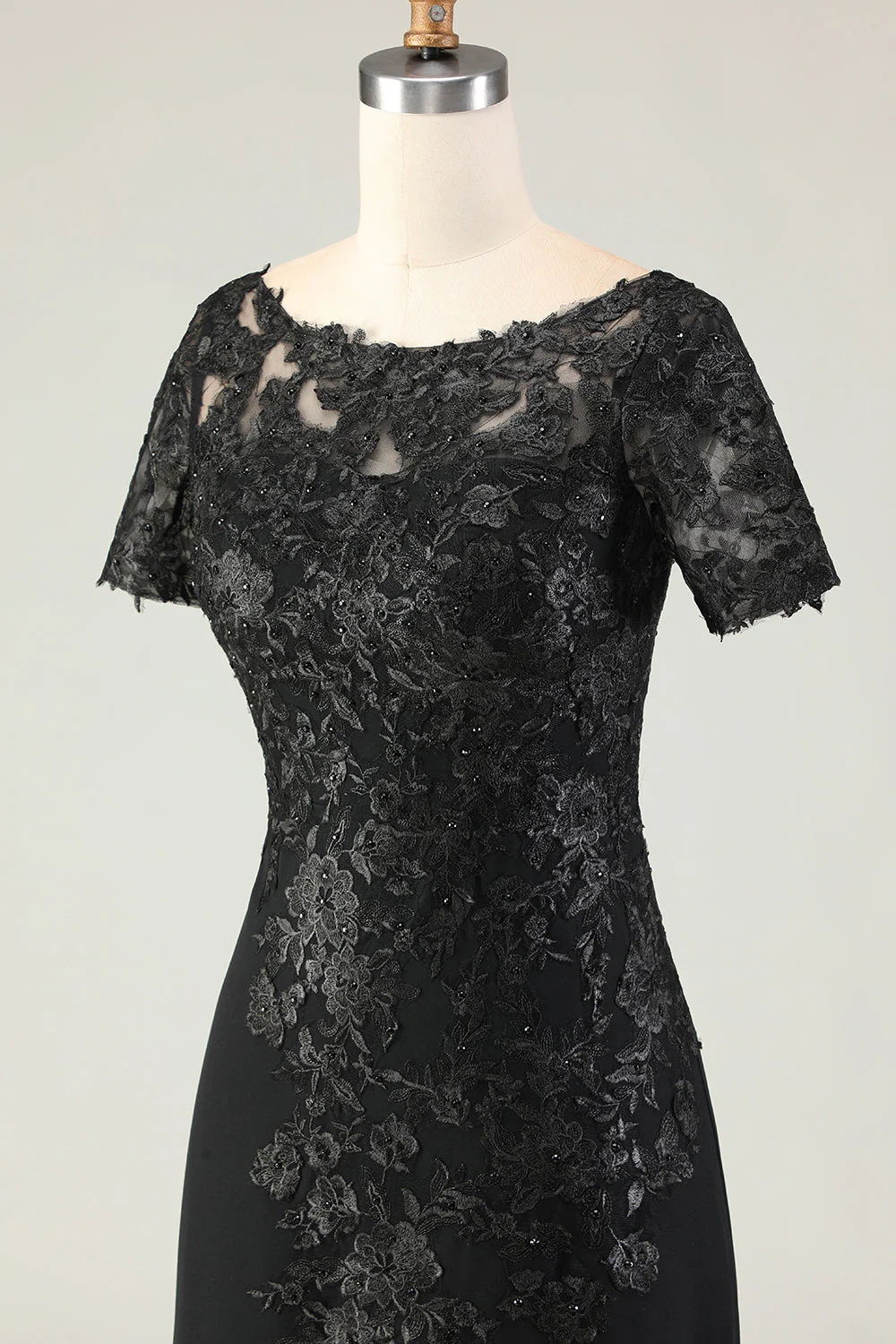 Black Sheath Satin Appliqued Long Mother of the Bride Dress with Sleeves - Image 8