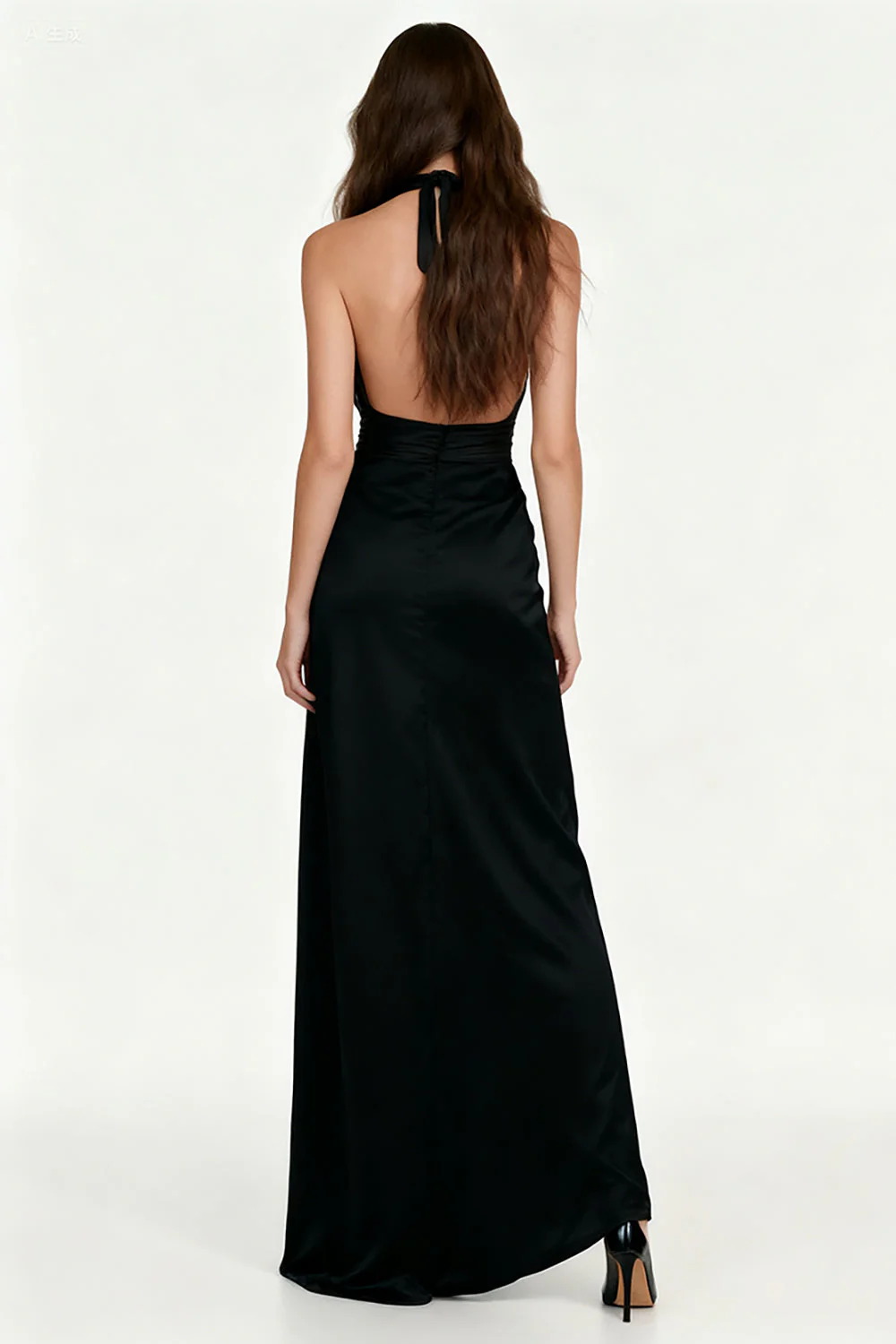 Black Sheath Satin Halter Long Evening Dress with Sash - Image 2