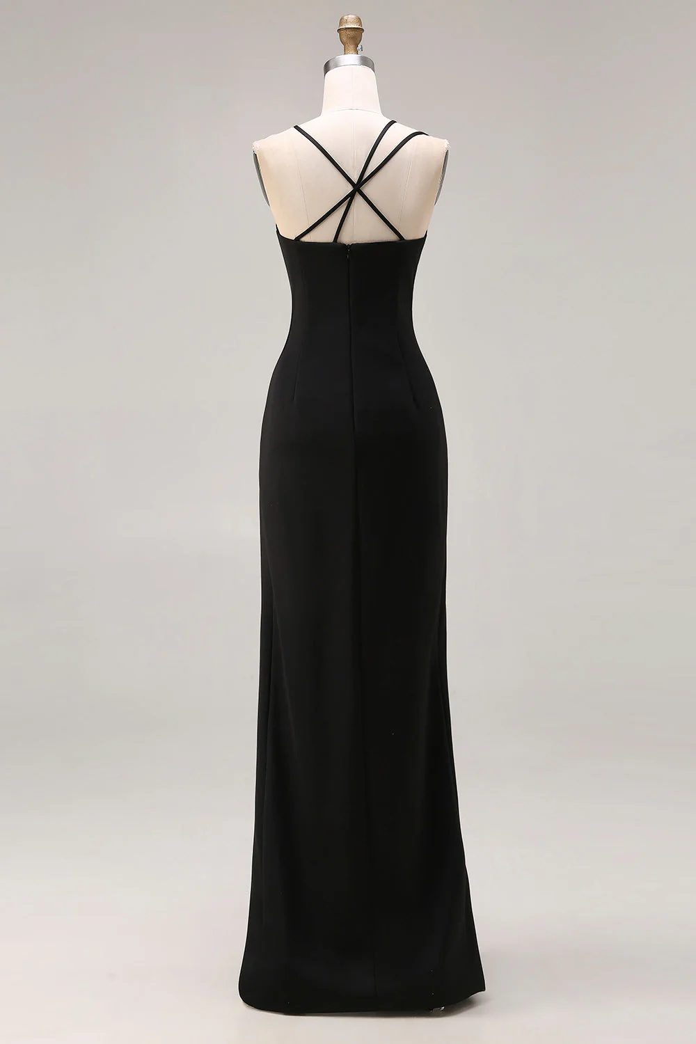 Black Sheath Satin Spaghetti Straps Long Evening Dress with Slit - Image 2