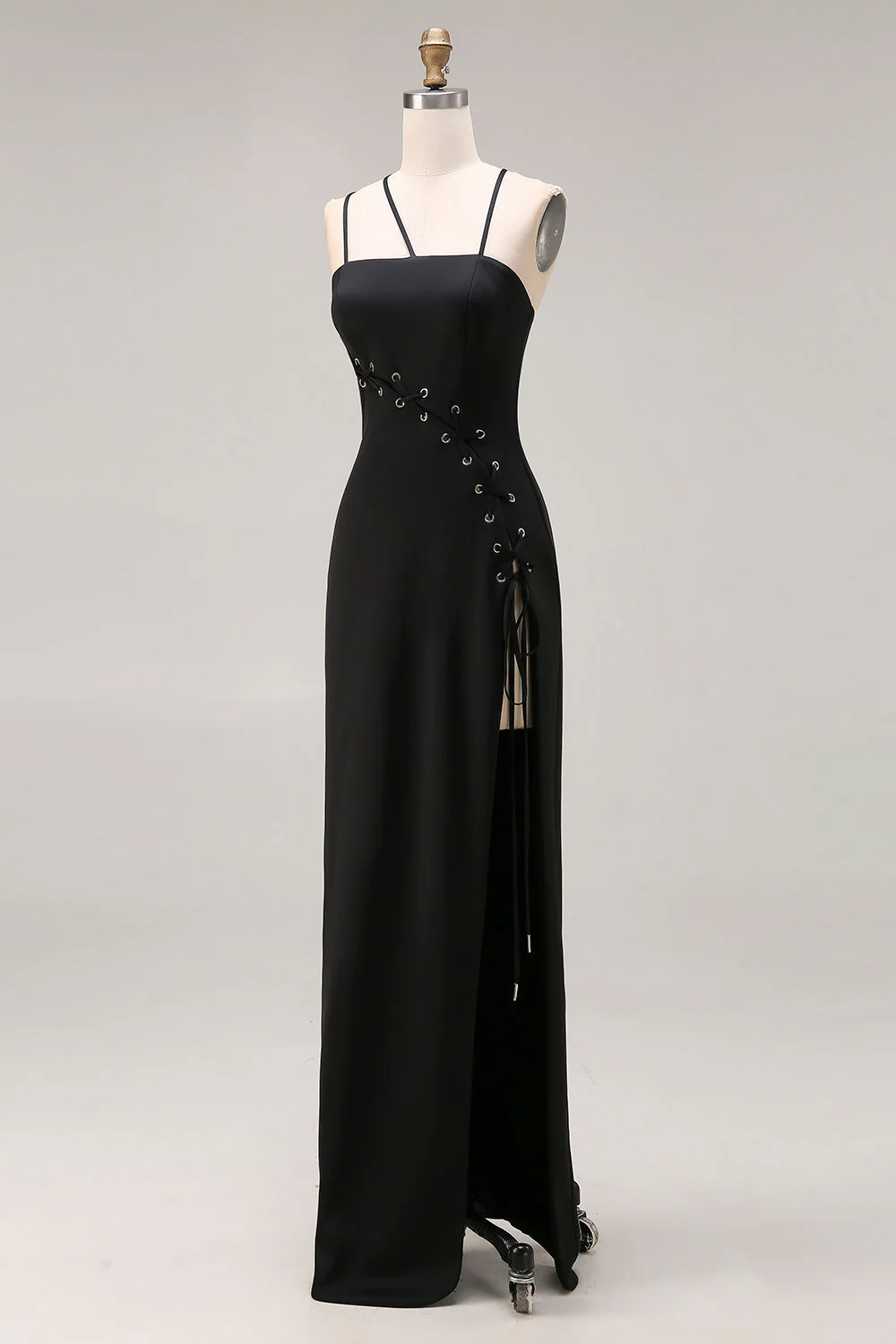 Black Sheath Satin Spaghetti Straps Long Evening Dress with Slit - Image 3