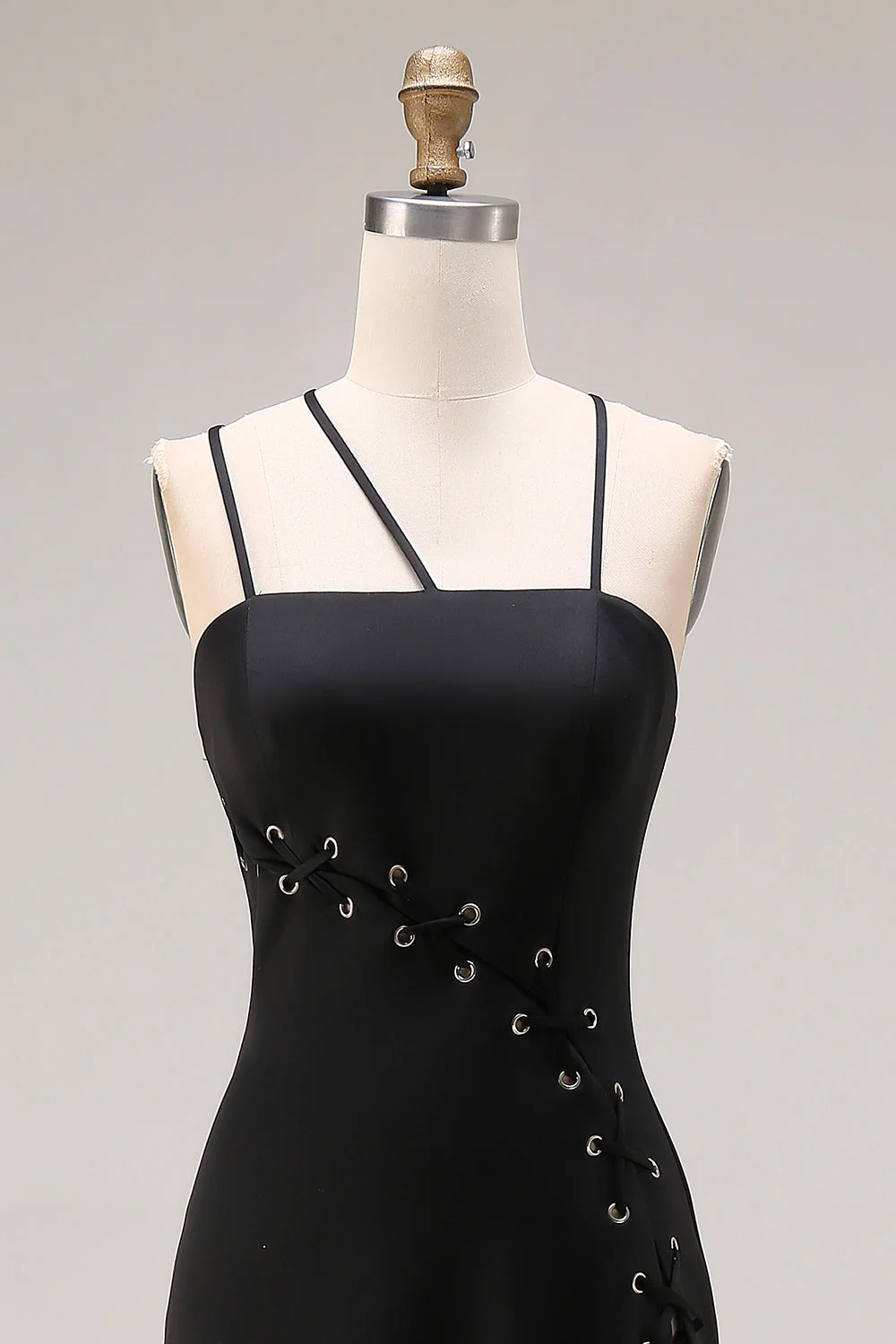 Black Sheath Satin Spaghetti Straps Long Evening Dress with Slit - Image 4