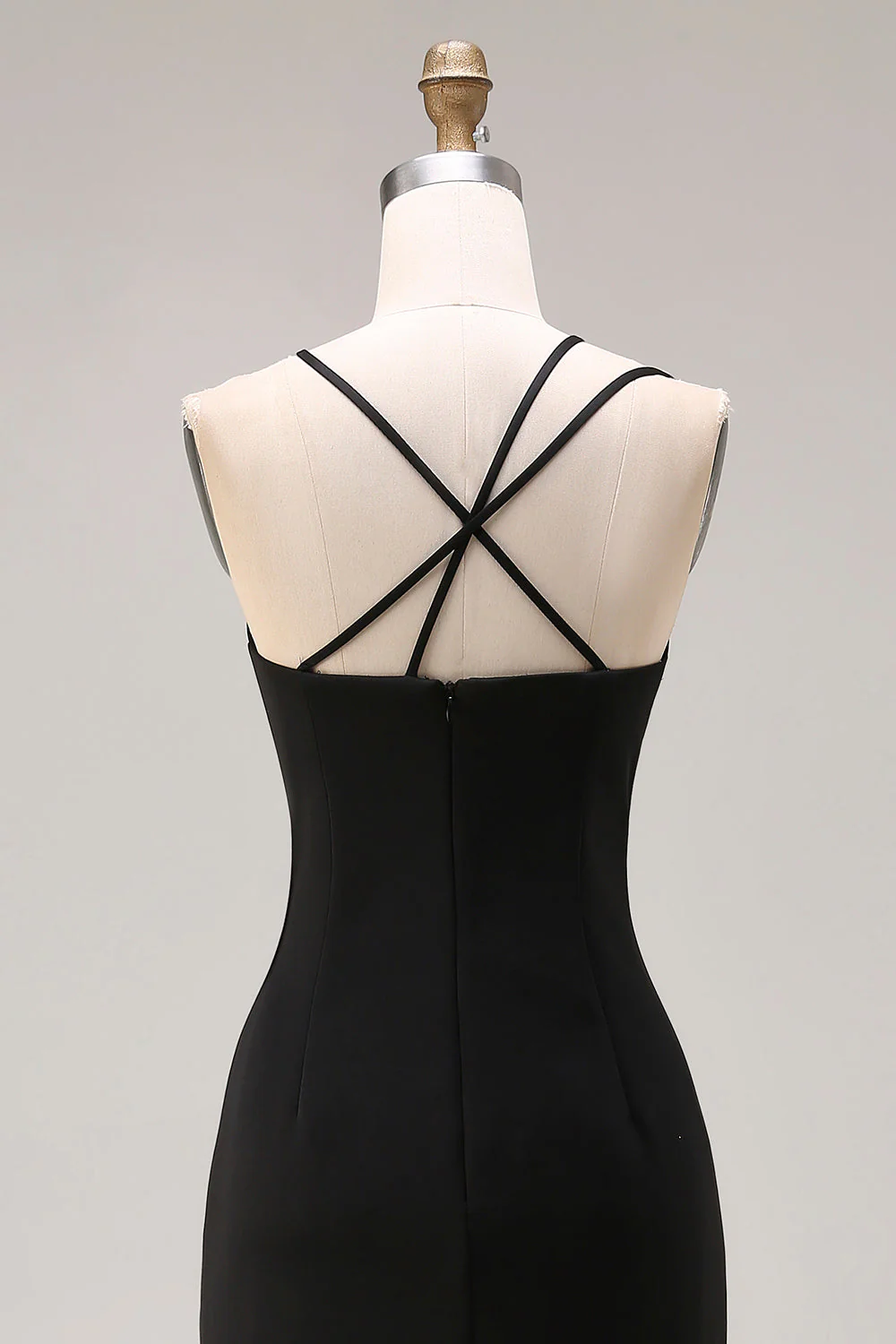 Black Sheath Satin Spaghetti Straps Long Evening Dress with Slit - Image 5