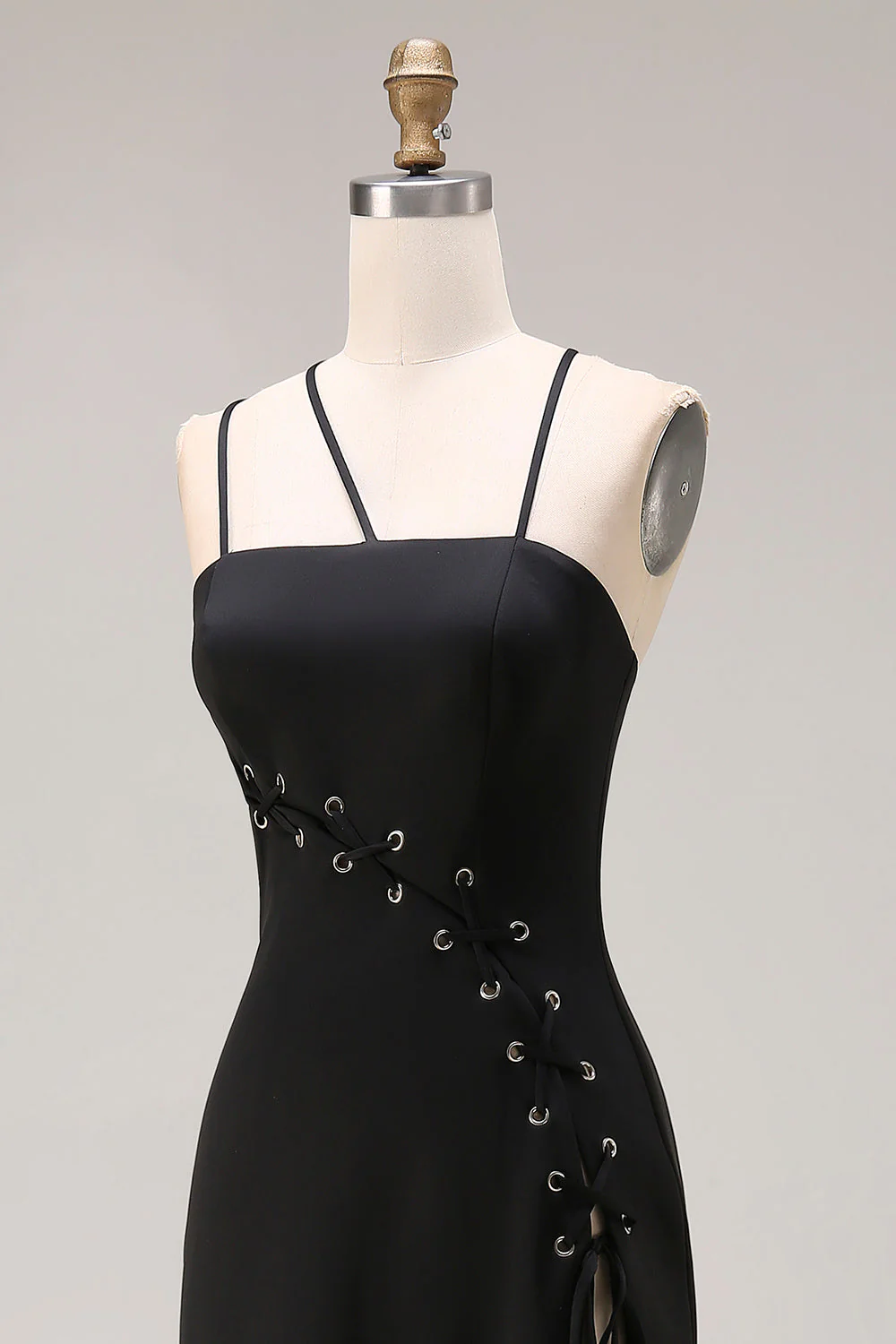 Black Sheath Satin Spaghetti Straps Long Evening Dress with Slit - Image 6