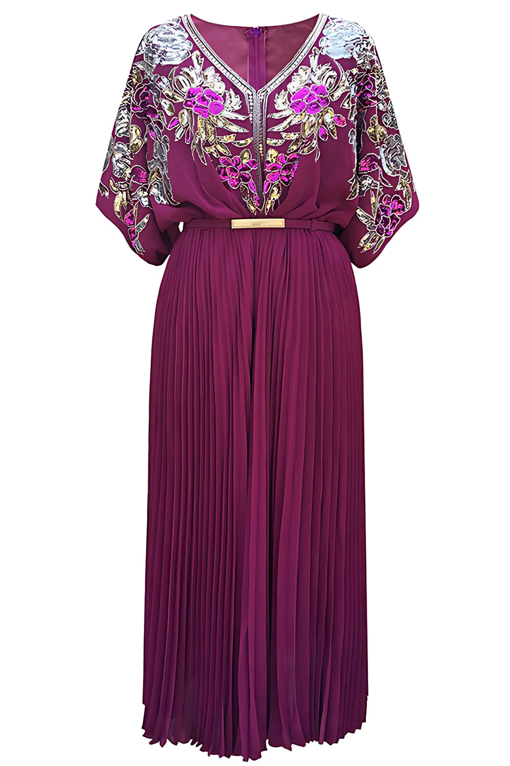 Black Sheath Sequins Pleated V-Neck 1920s Dress with Belt - Image 3