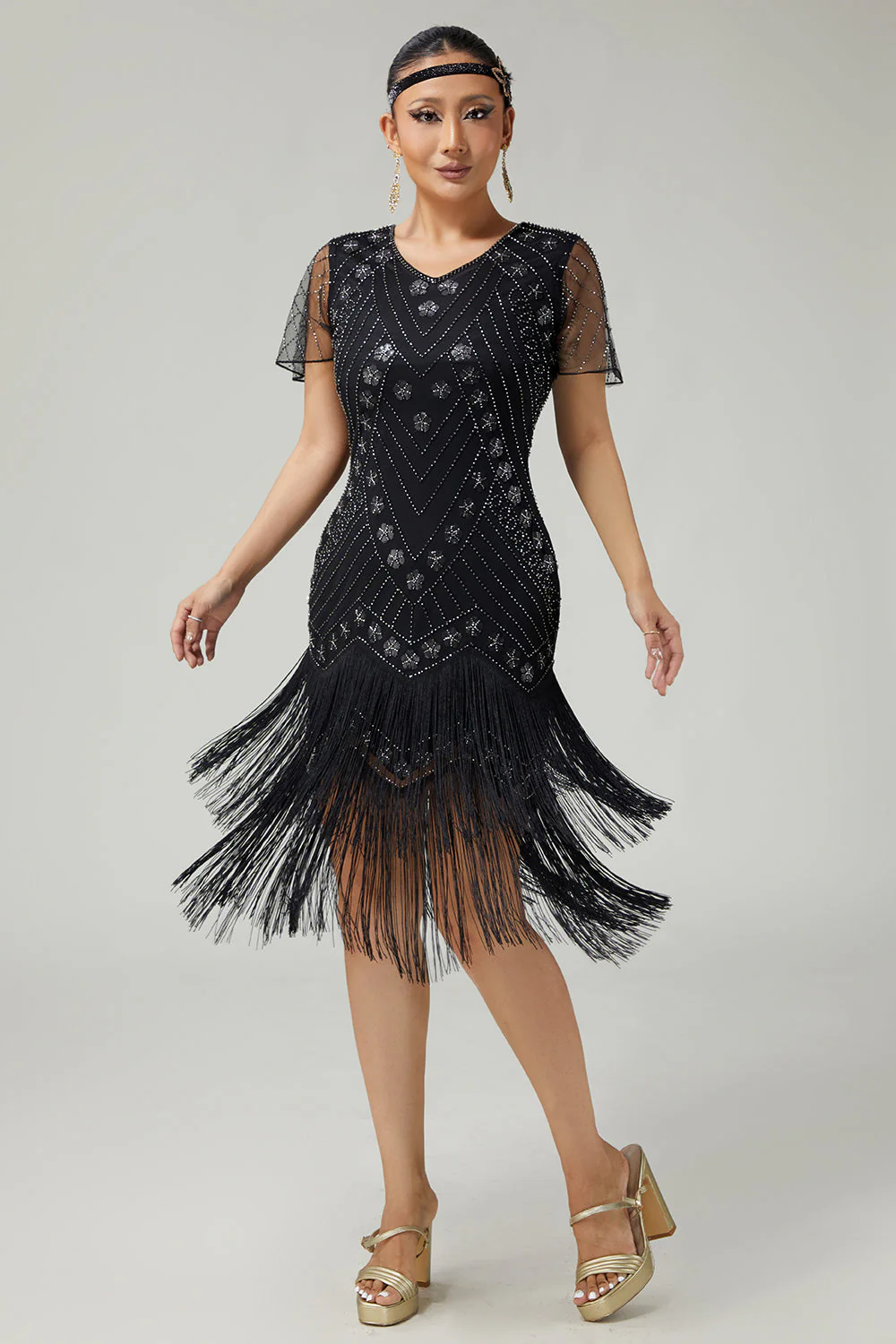 Black Silver Beaded Bodycon Fringed 1920s Dress With 5-Piece Accessories Set - Image 6