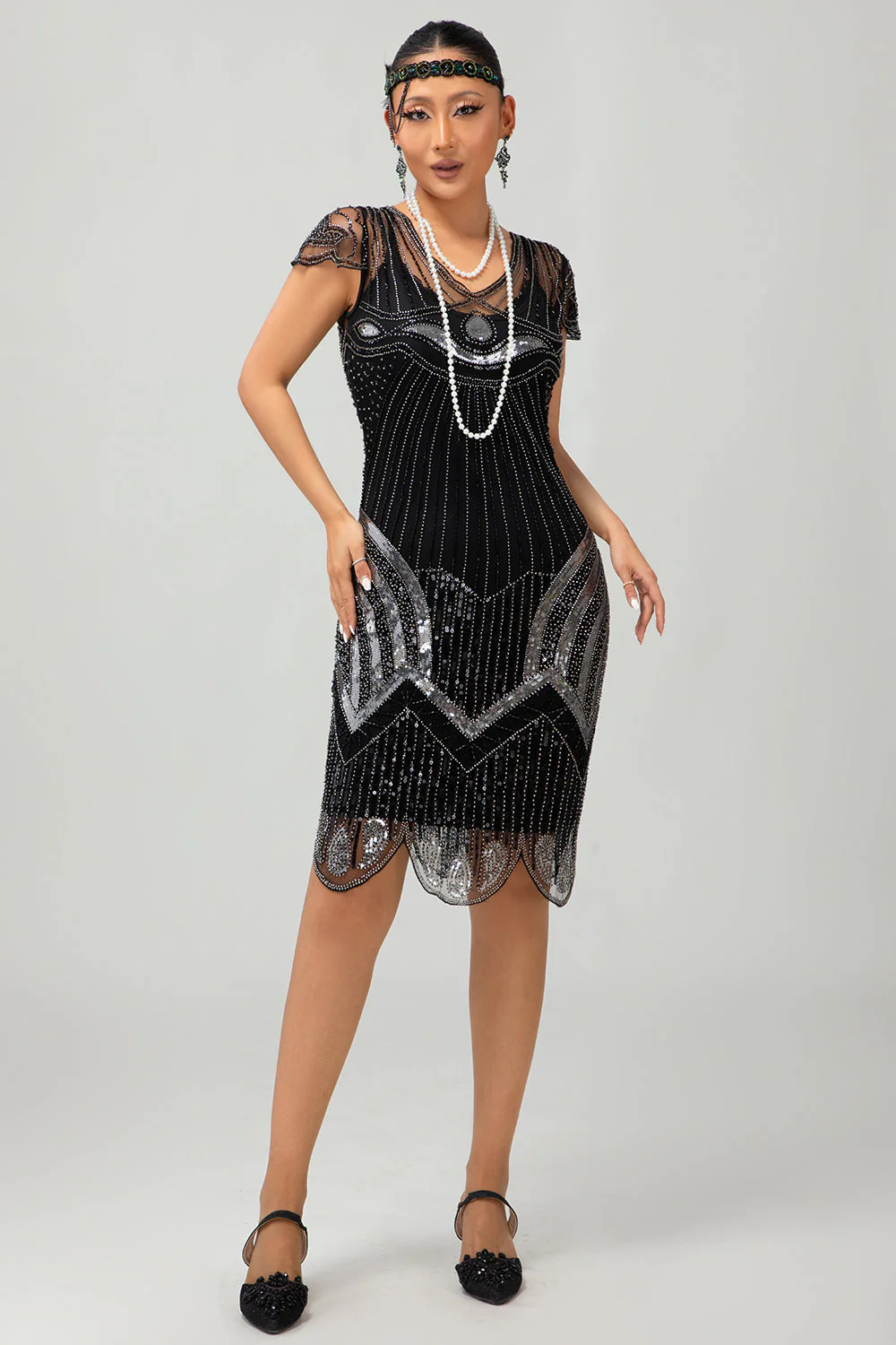Black Silver Gatsby Sequins Short 1920s Dress With Fringes - Image 7
