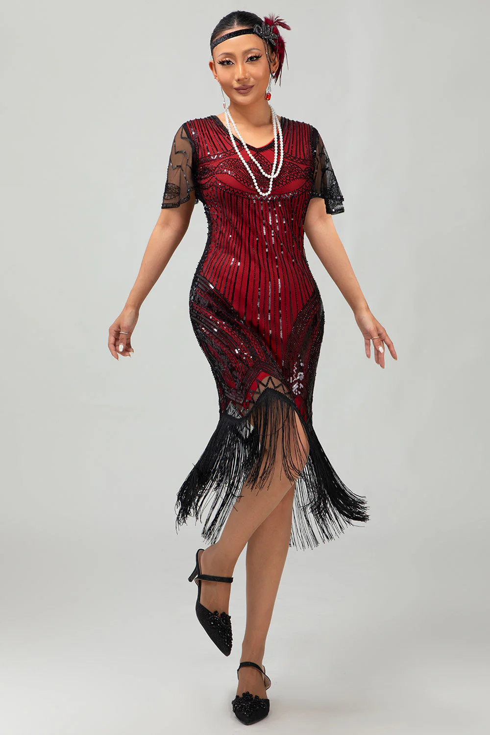 Black Silver Sequin V Neck Bodycon 1920s Dress with Tassels - Image 11