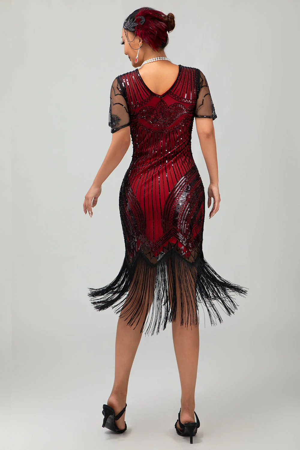 Black Silver Sequin V Neck Bodycon 1920s Dress with Tassels - Image 12