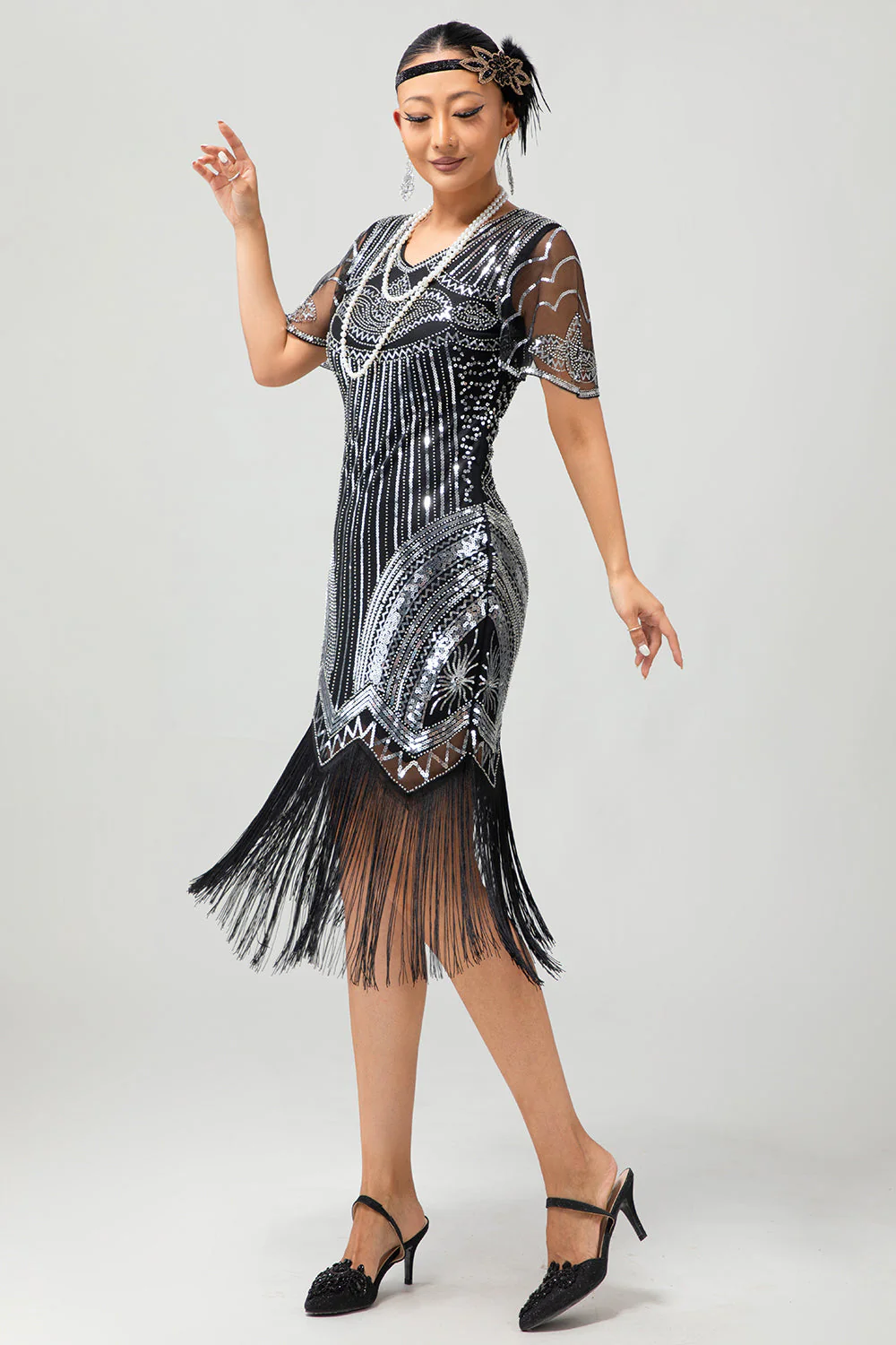 Black Silver Sequin V Neck Bodycon 1920s Dress with Tassels - Image 4