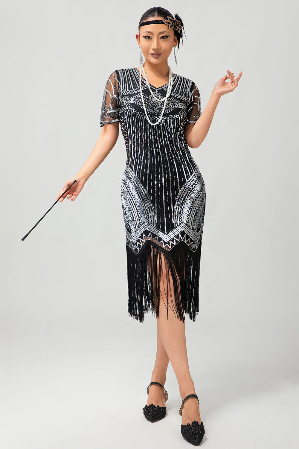 Black Silver Sequin V Neck Bodycon 1920s Dress with Tassels - Image 5