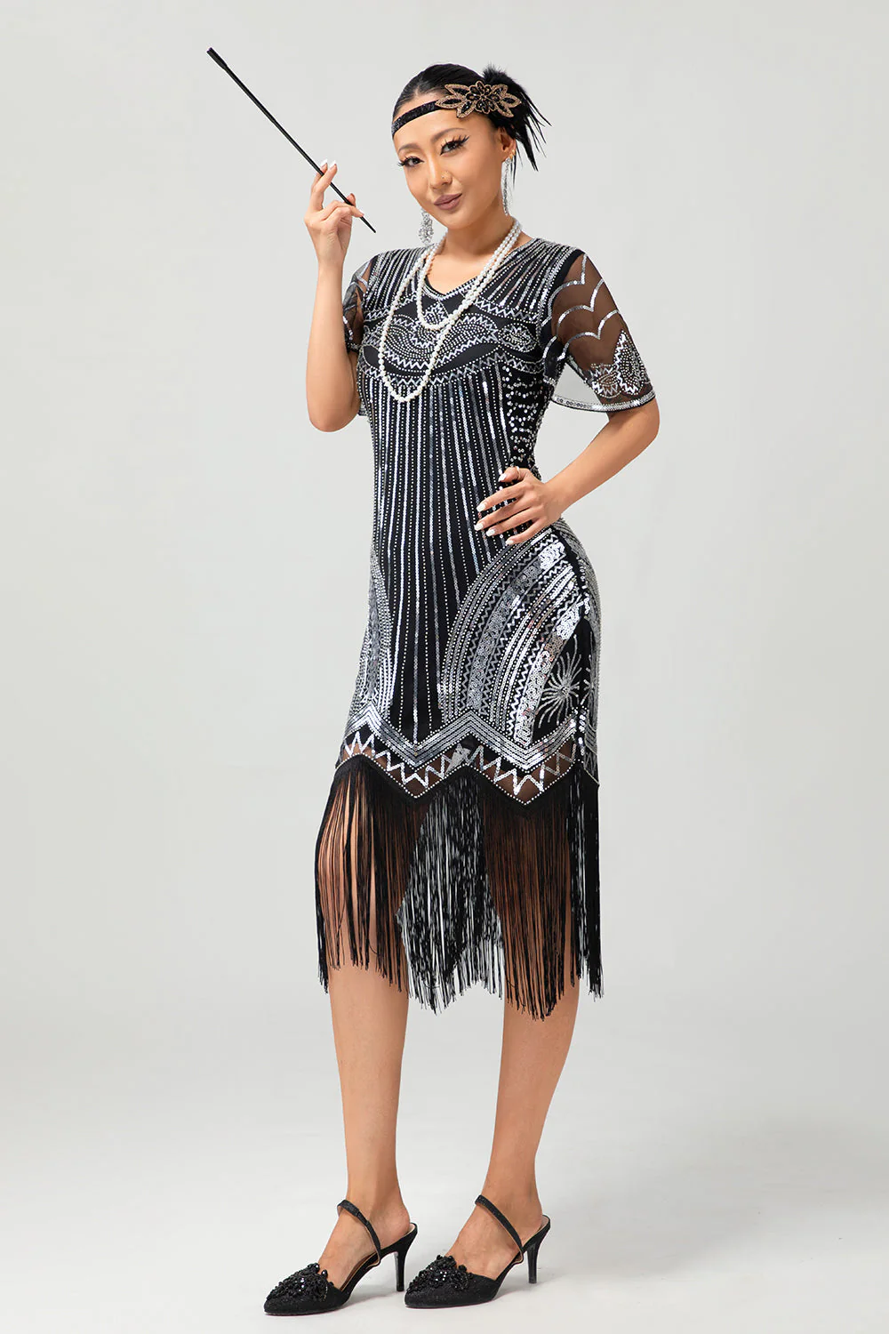 Black Silver Sequin V Neck Bodycon 1920s Dress with Tassels - Image 6