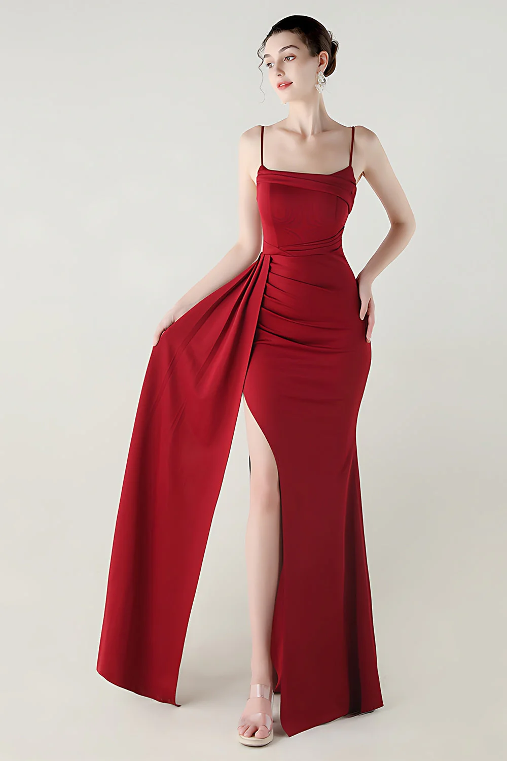 Black Mermaid Spaghetti Straps Satin Long Prom Dress with Slit - Image 12