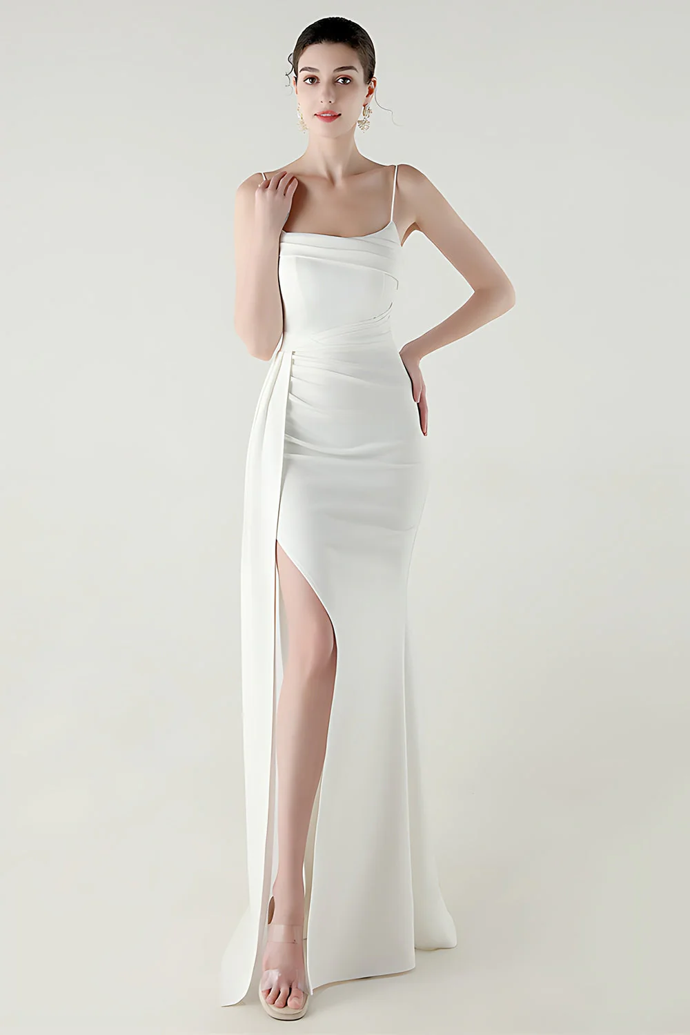 Black Mermaid Spaghetti Straps Satin Long Prom Dress with Slit - Image 17
