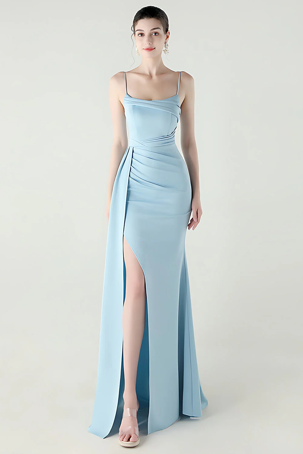 Black Mermaid Spaghetti Straps Satin Long Prom Dress with Slit - Image 19